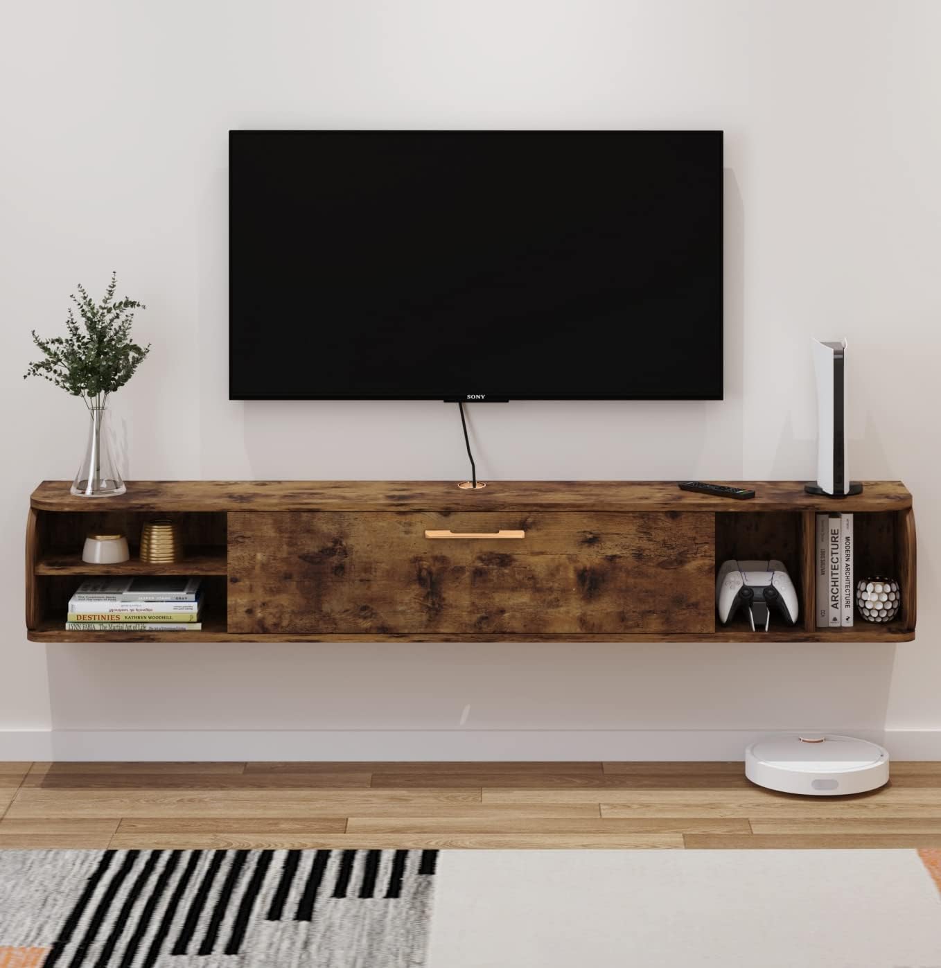 Floating TV Console with Golden Handle and Flip-down Door #color_rustic brown