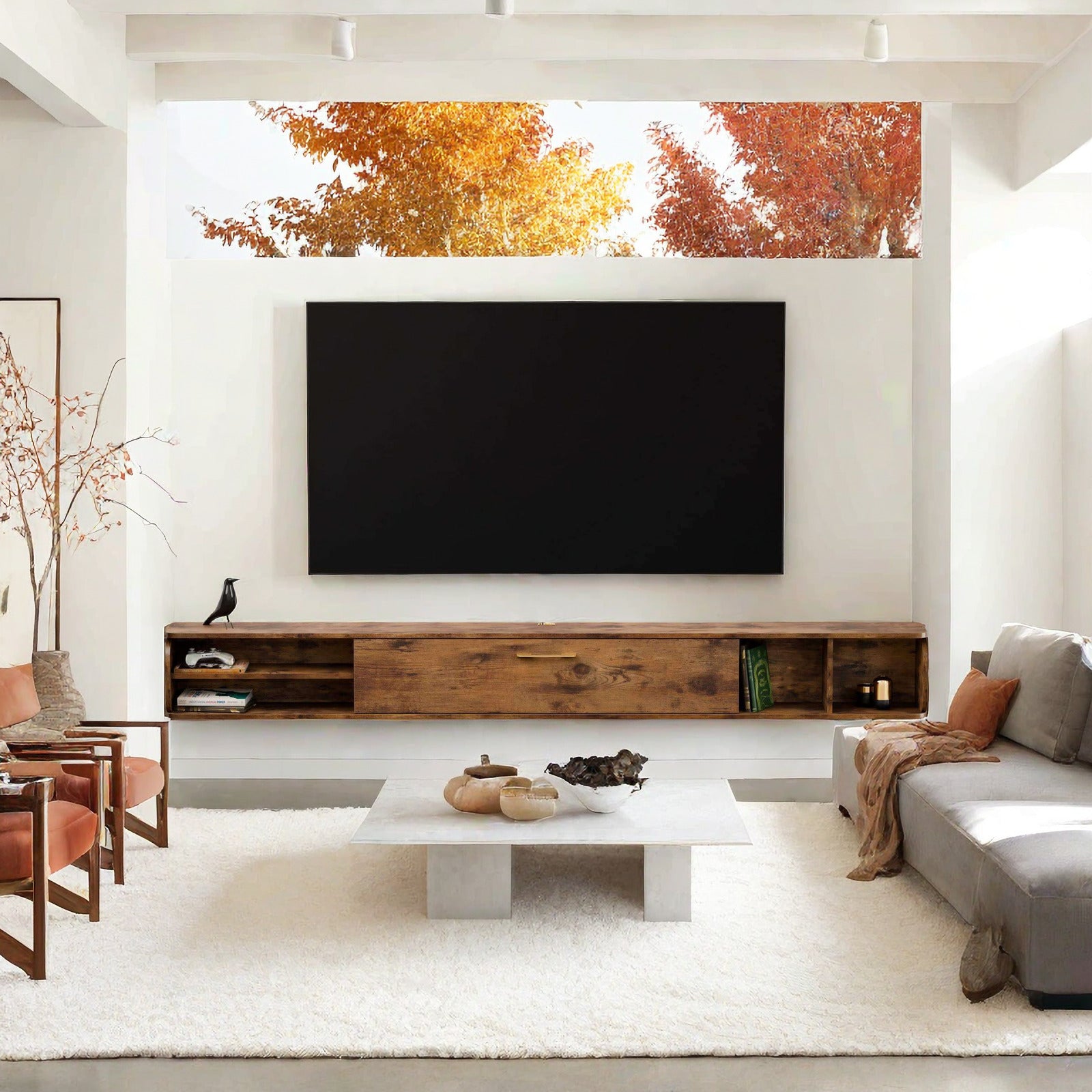 8 ft Minimalist Wooden Floating Wall Shelf with Storage for Cable Box, Game Consoles, DVD Player, Sound Bar, AV Receivers
