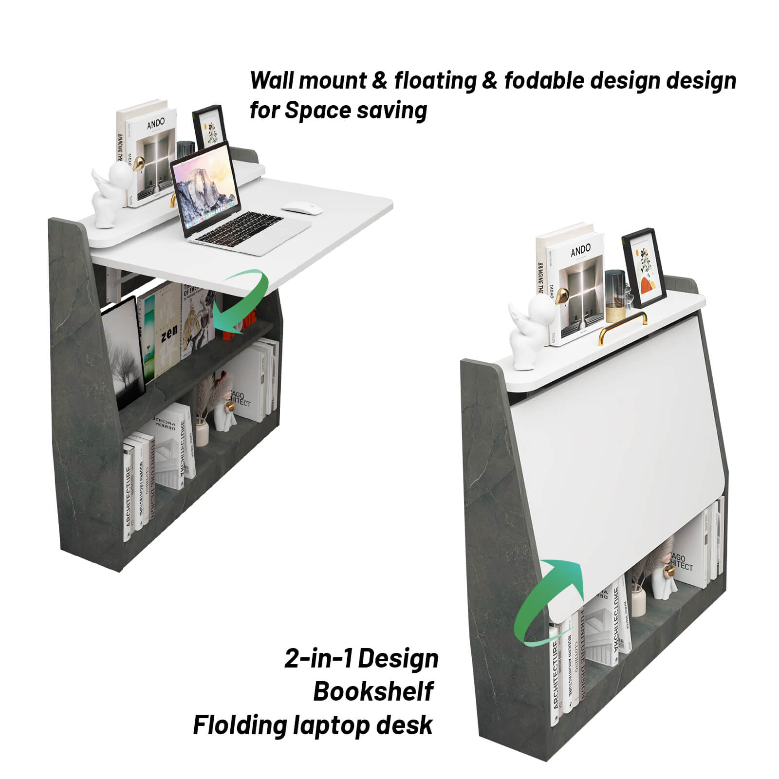 2-in-1 Wall Mounted Folding Desk and Book Shelves #color_pietra grey