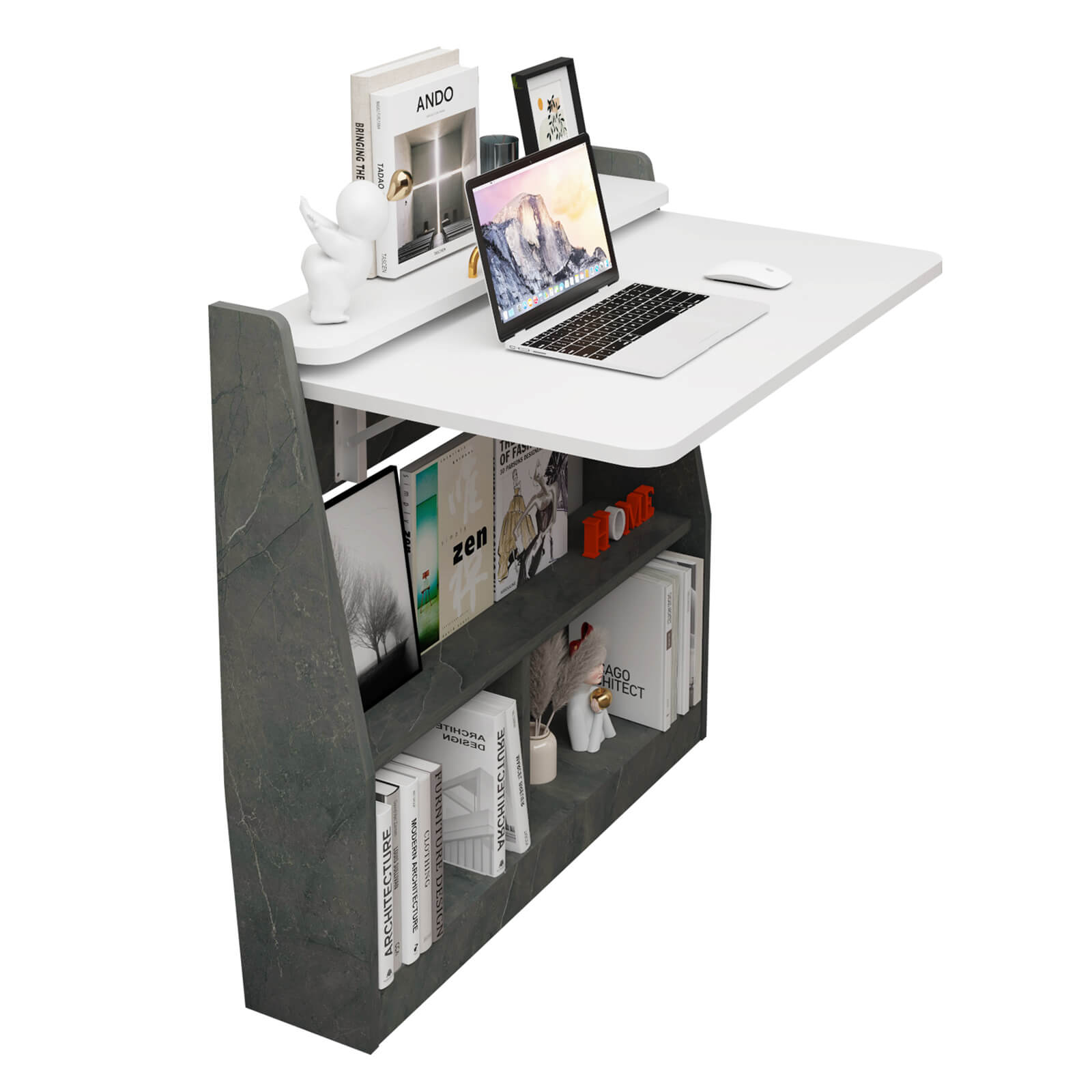 2-in-1 Wall Mounted Folding Desk and Book Shelves #color_pietra grey