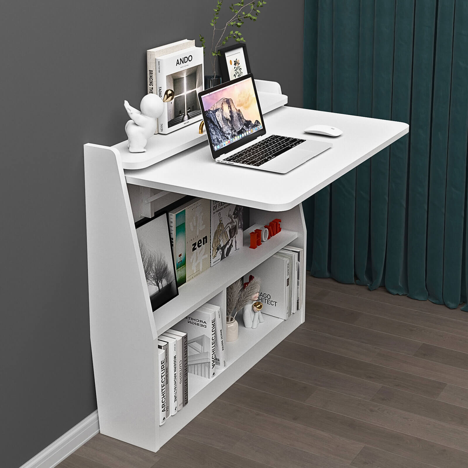 2-in-1 Wall Mounted Folding Desk and Book Shelves #color_white