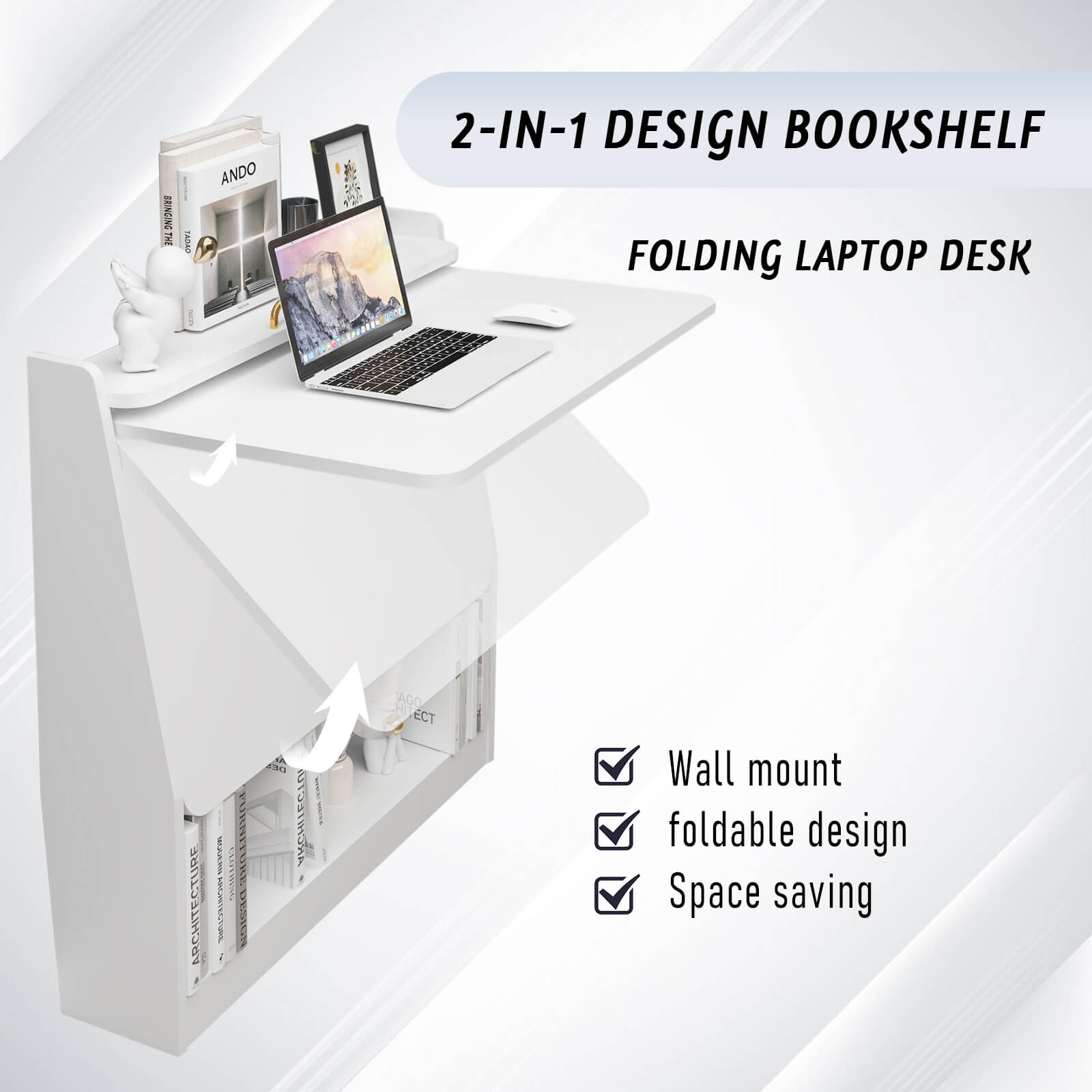 2-in-1 Wall Mounted Folding Desk and Book Shelves #color_white