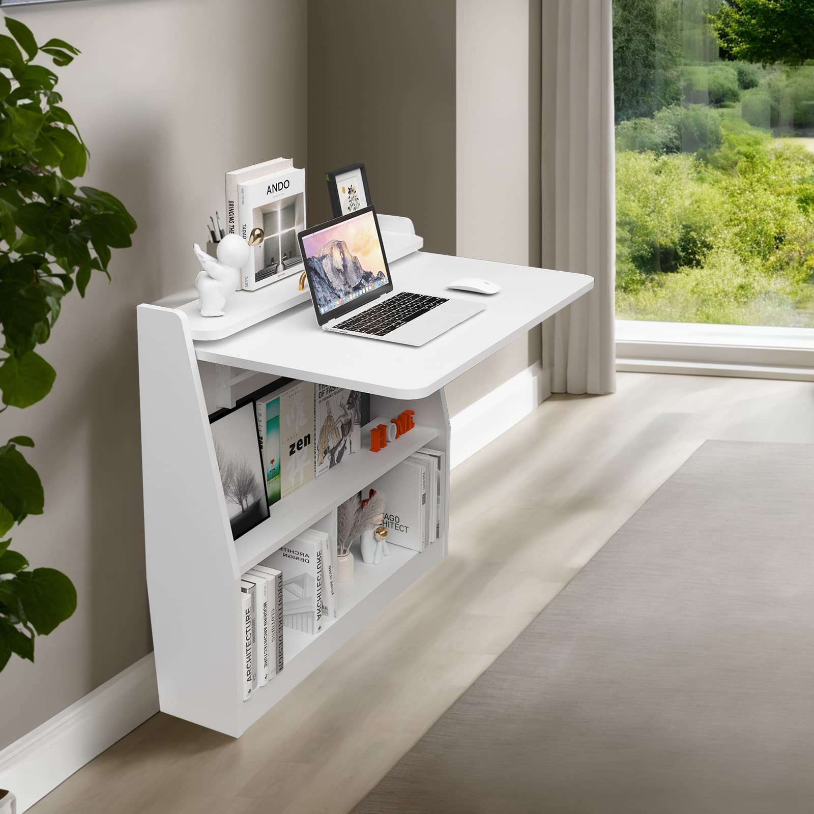2-in-1 Wall Mounted Folding Desk and Book Shelves #color_white