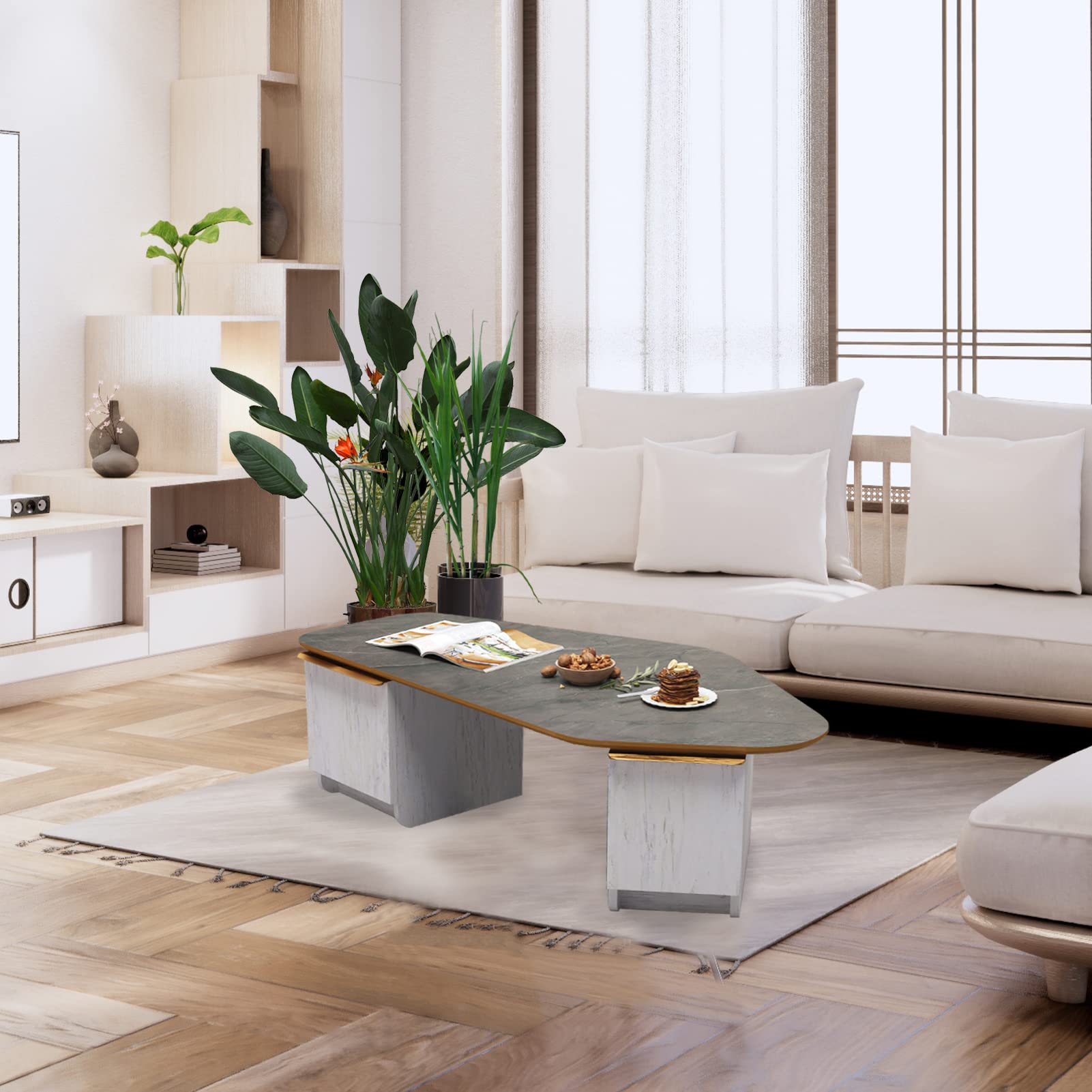 Triple Tone 47 Inch Solid Wood Modern Coffee Table