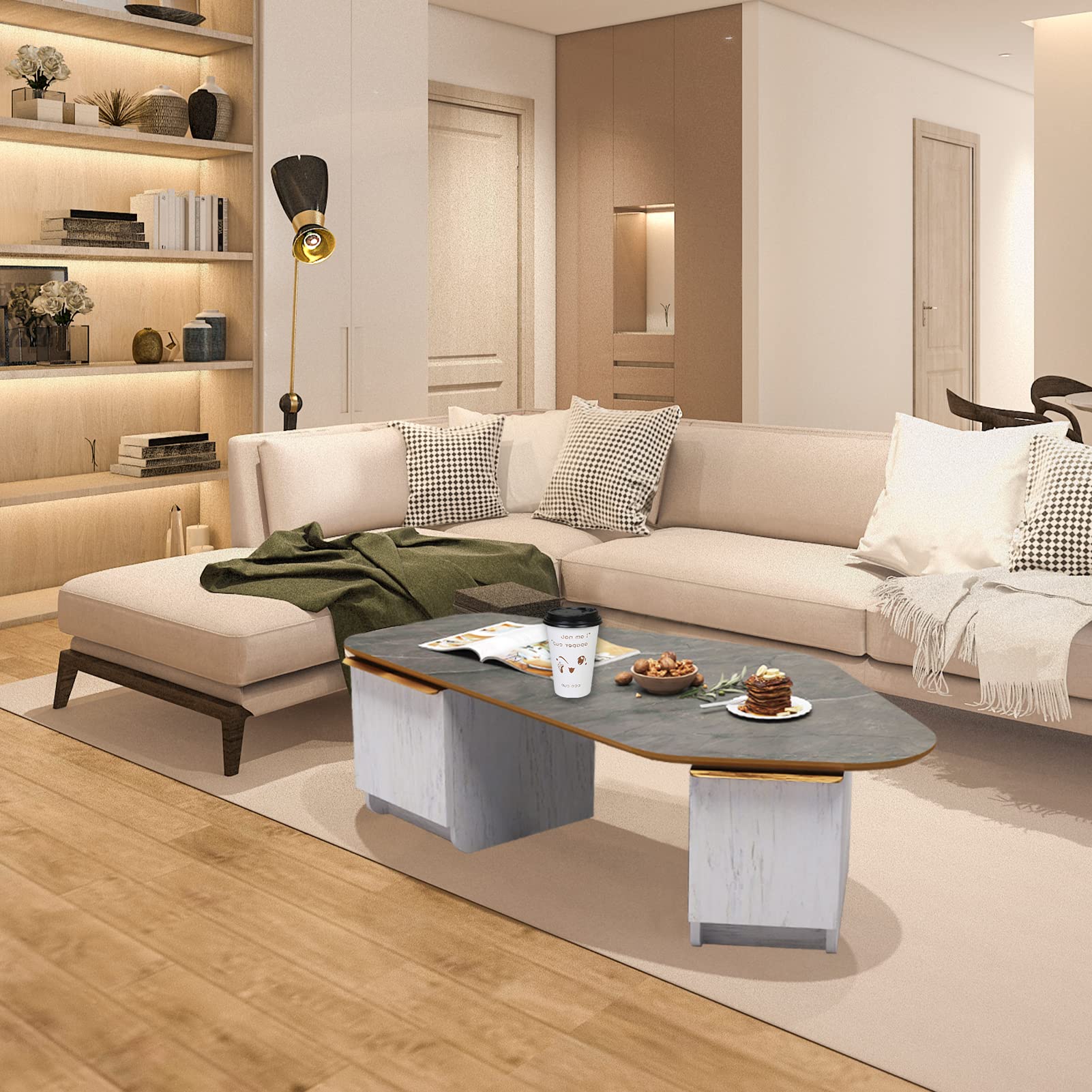 Triple Tone 47 Inch Solid Wood Modern Coffee Table