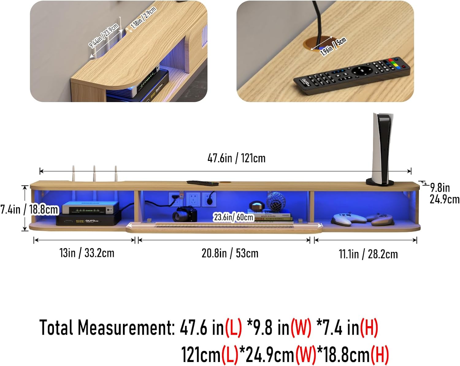 Modern Slim Floating TV Stand Wall Shelf with LED Lights and Glass Door #color_light oak