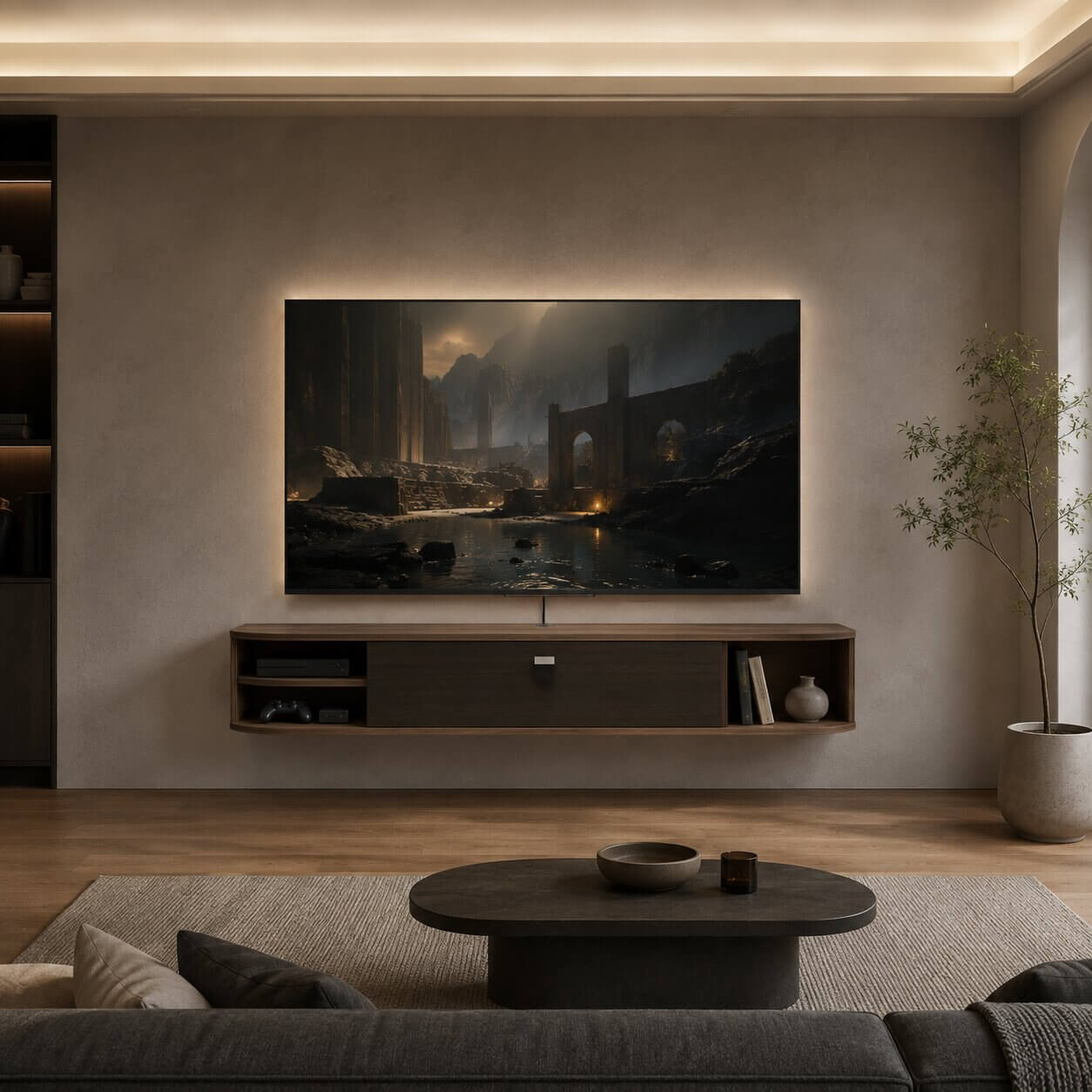 55" Modestia Floating TV Stand, Walnut