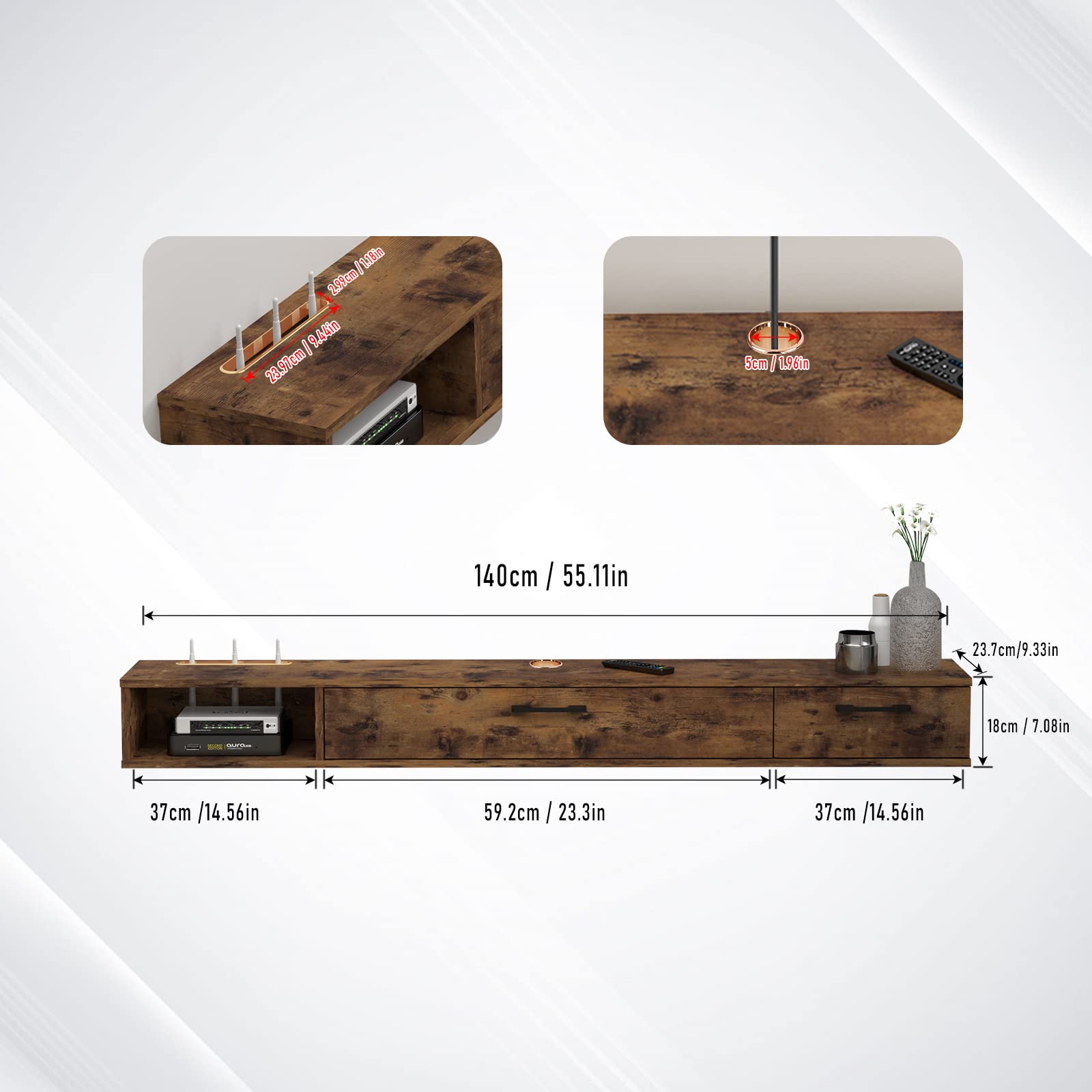 55" Rustica Floating TV Stand, Dark Brown