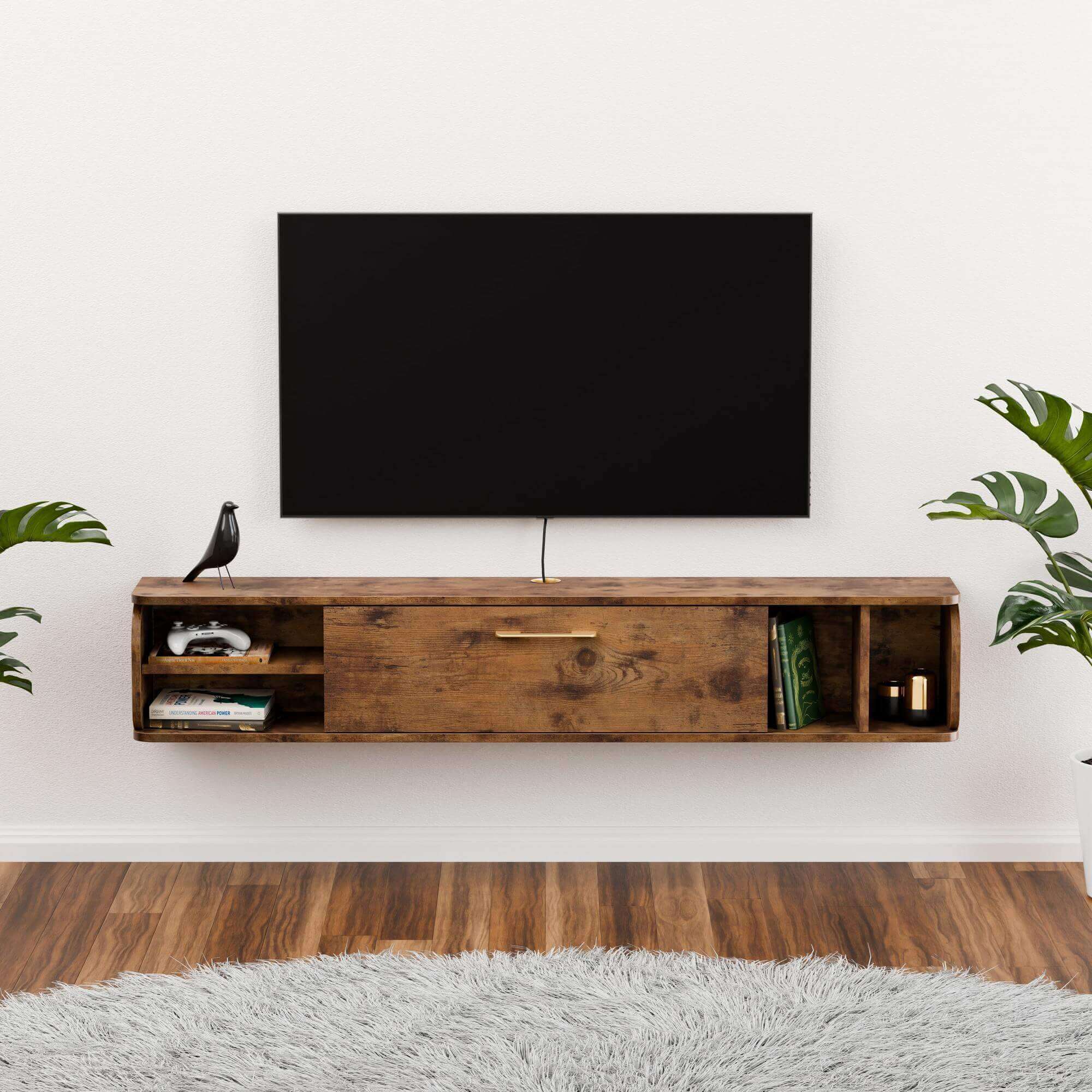 9.33” Slim Floating TV Shelf for 55” 60” TVs, Space Saving TV Stand for Small Living Room, Bedroom, 58"W x 9.33"D x 10.55"H