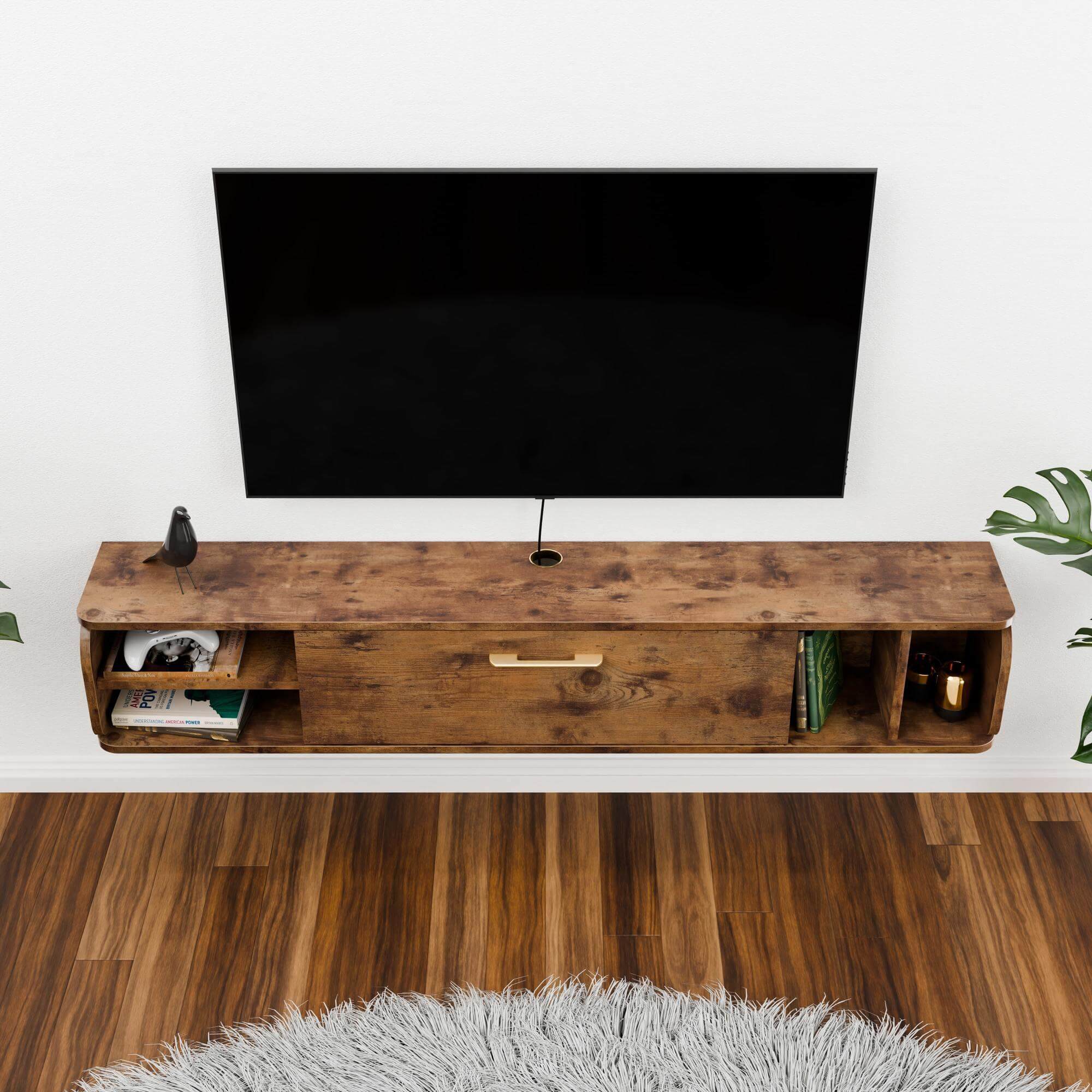 9.33” Deep Narrow Floating Entertainment Center for 55” 60” TVs, Low Profile TV Stand, Rustic Brown, 58"W x 9.33"D x 10.55"H