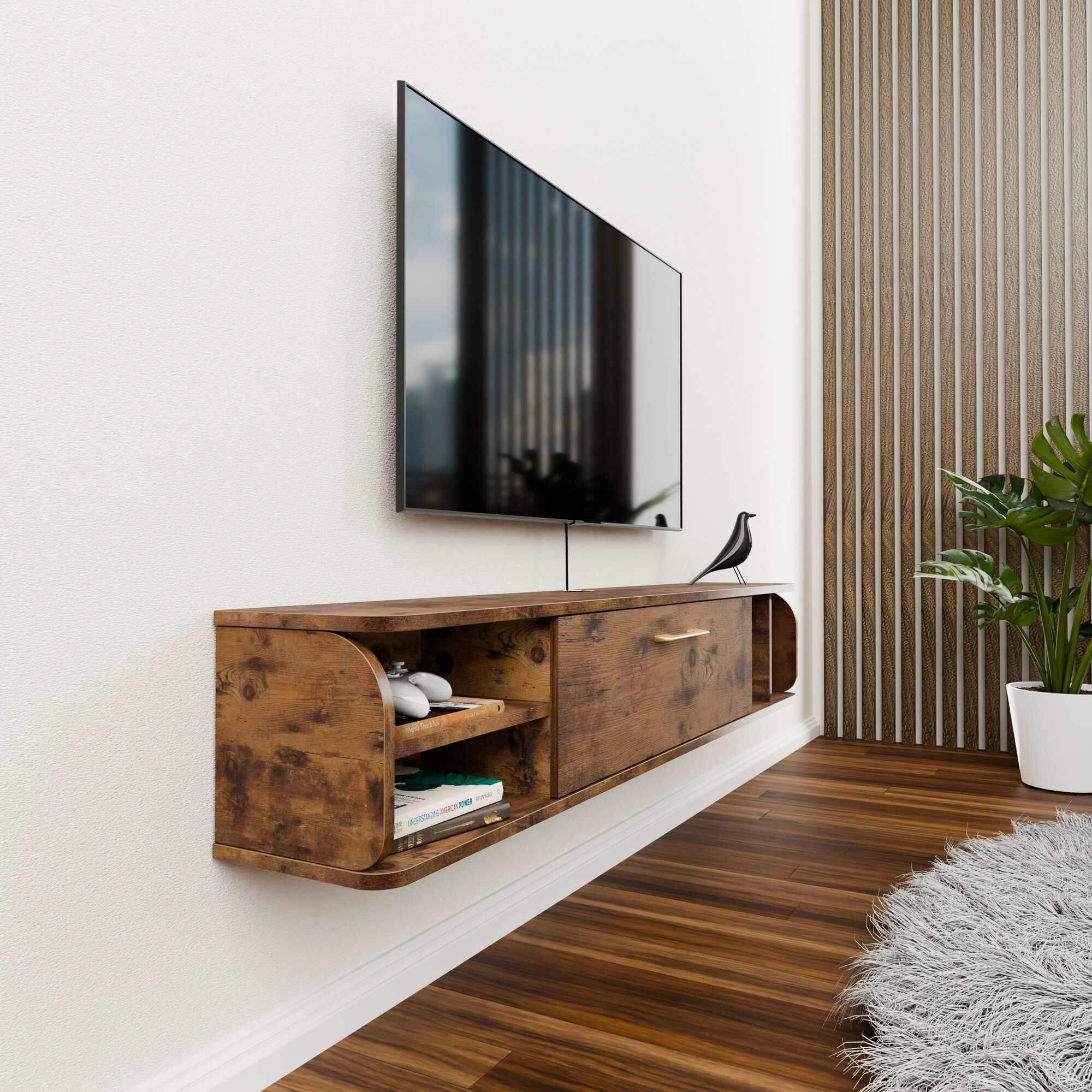 5 ft Farmhouse Wall Mounted Entertainment Unit, Mid-century Floating TV Track for 55” 60” TVs, Dark Brown, 58"W x 9.33"D x 10.55"H