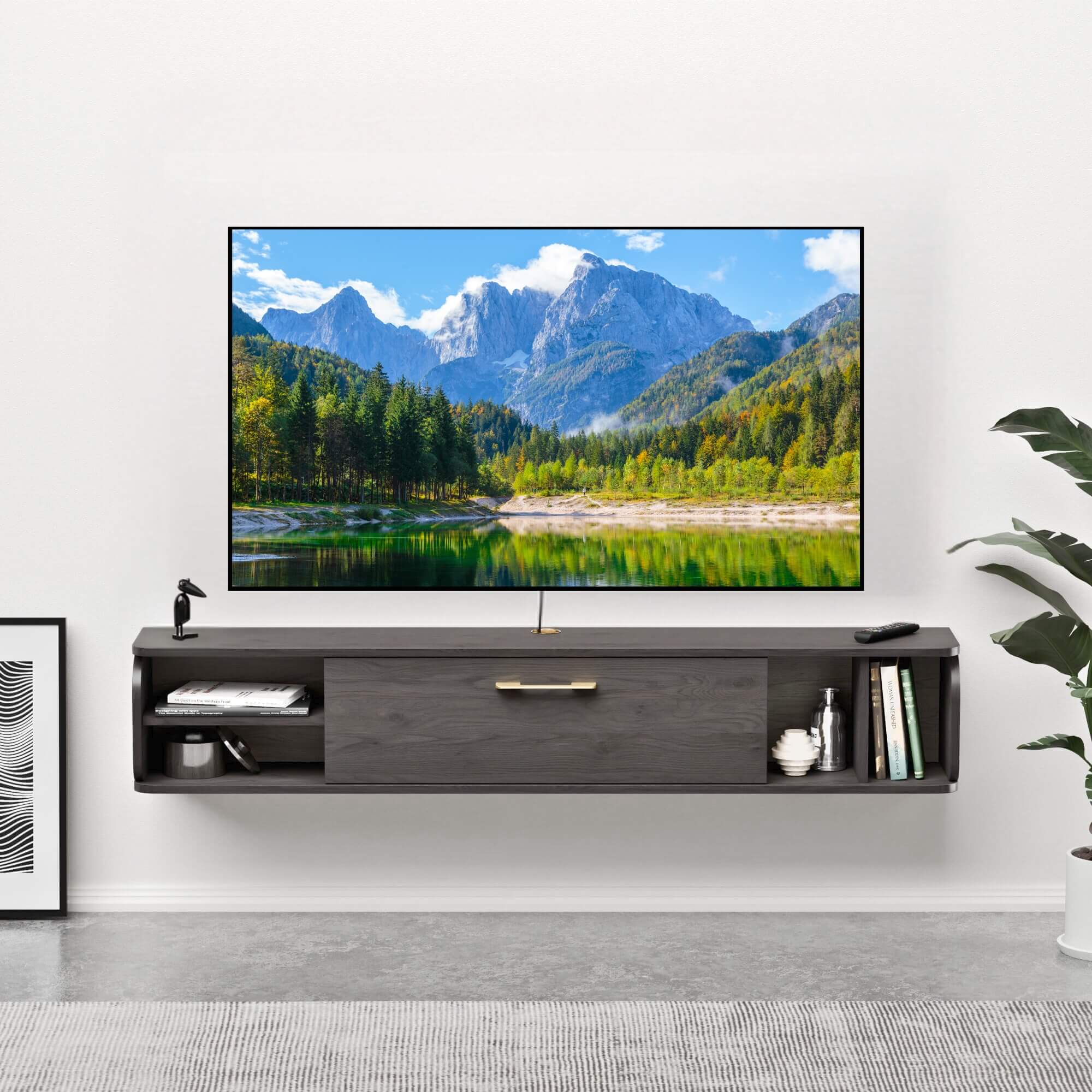 Charcoal Grey Narrow Wall Mounted Entertainment Shelf for Small Space, Minimalist Floating Wood Shelf under TV with Cable Management for Electronics