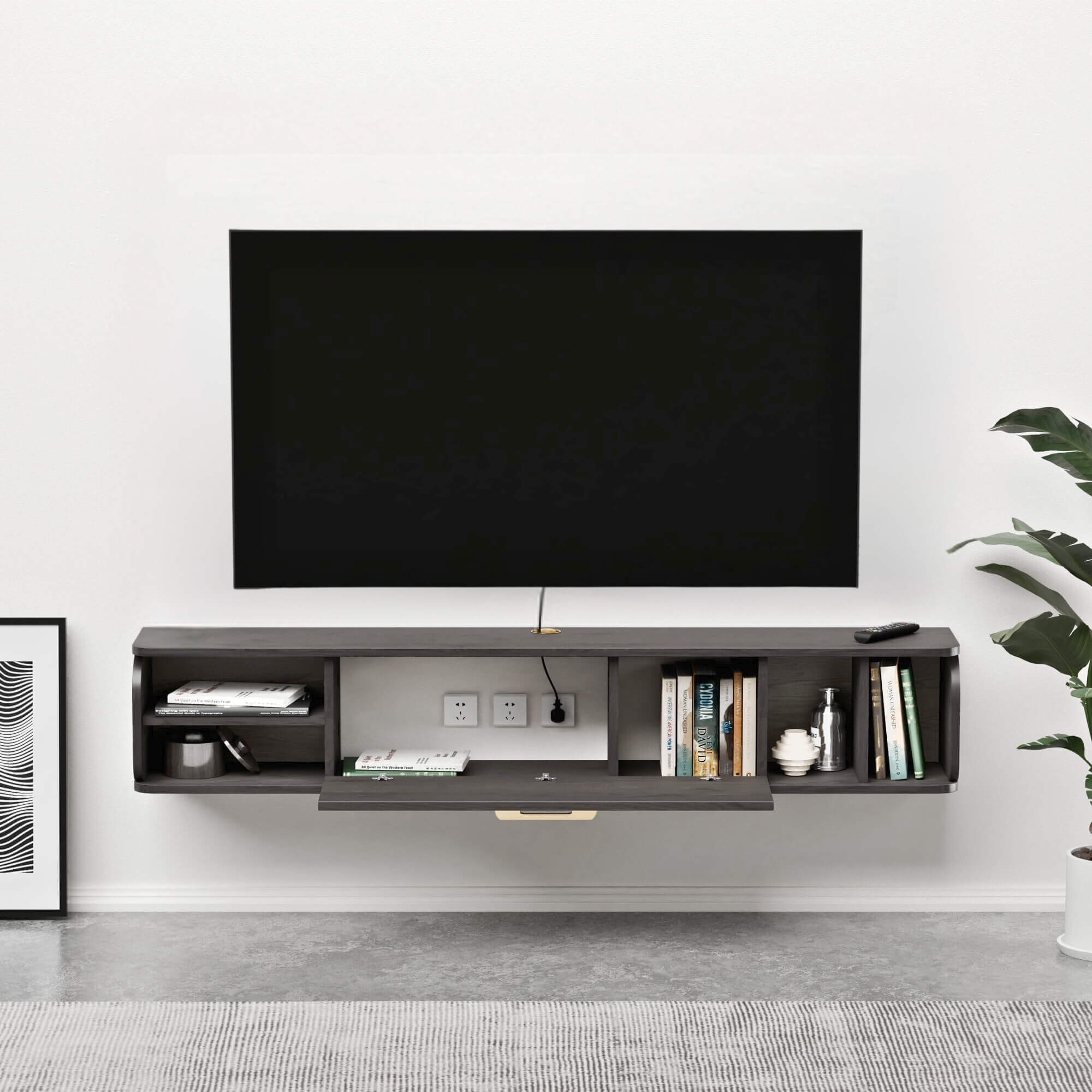 Modern Farmhouse Dark Grey Wood Floating TV Stand with Door Storage for 55” 60” Televisions, Wall Mounted Media Console, TV Cabinet