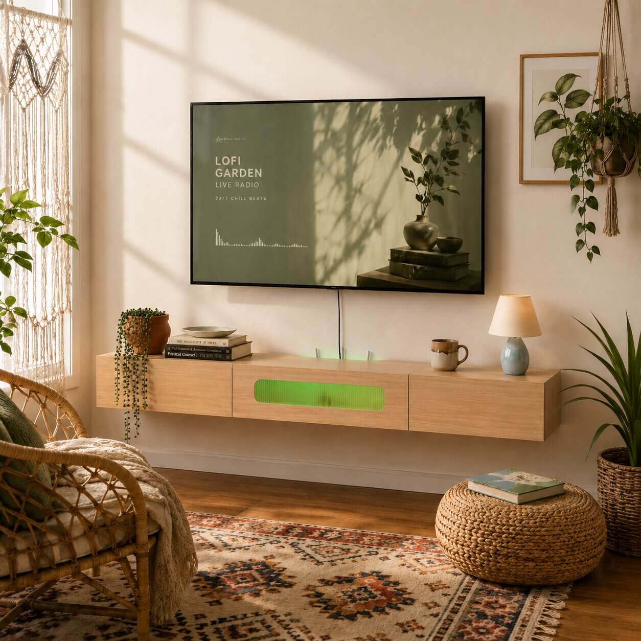 63" Purello Floating TV Stand, Light Oak