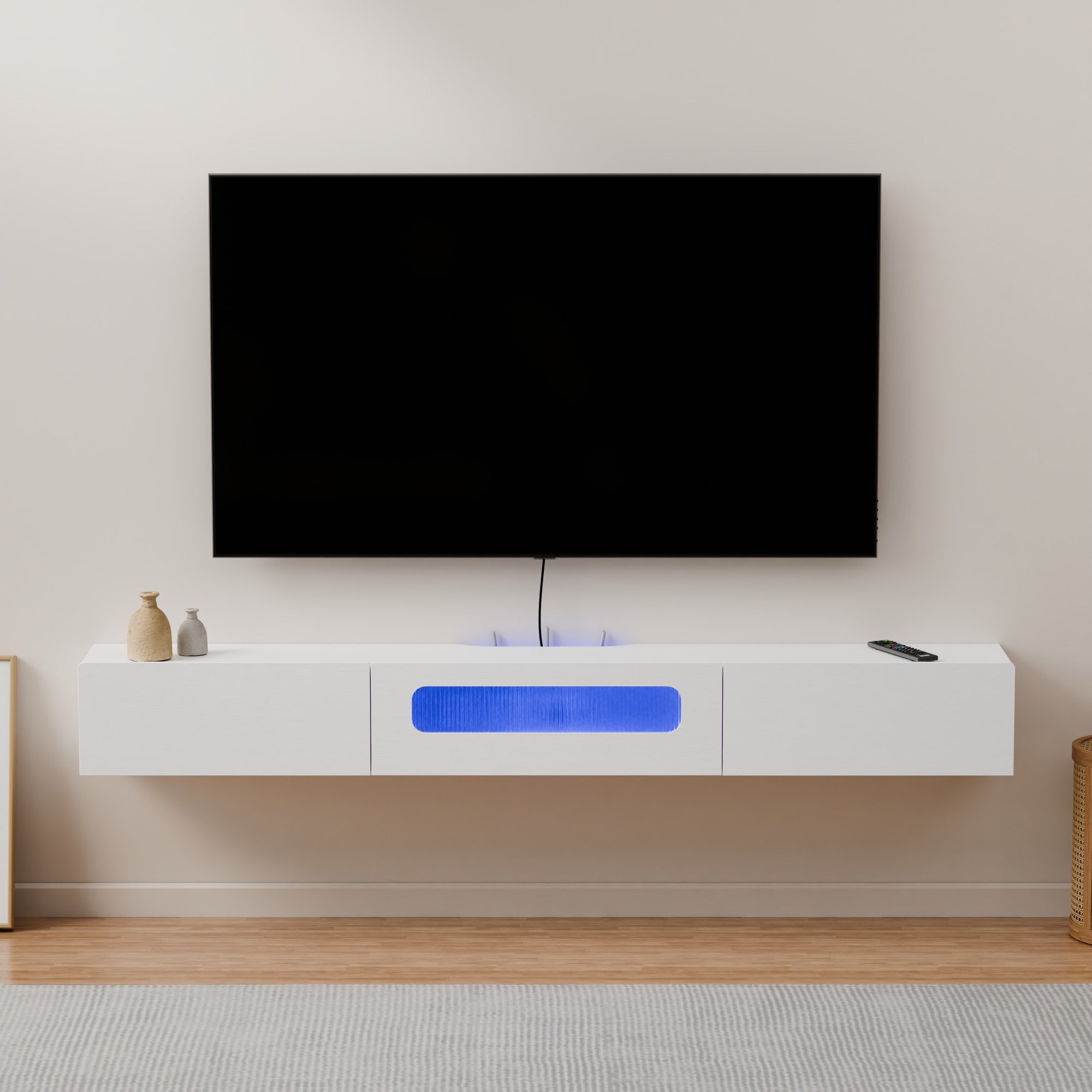White Plywood Floating TV Cabinet for 50-60 Inch Wall Mounted TV, Wall Hanging Minimalist Slim TV Stand with LED Lights, Glass Door and Drawers