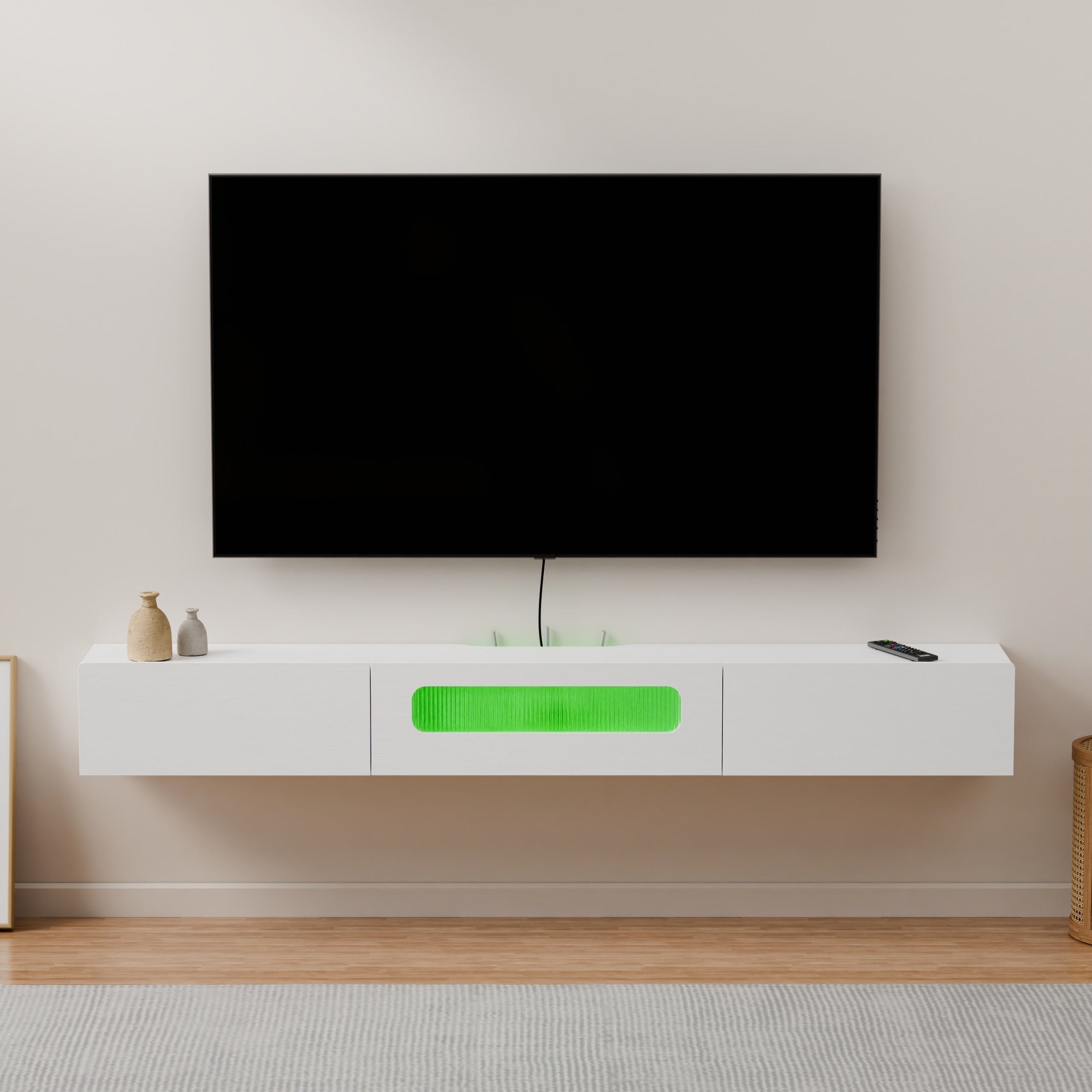 White Wood Floating Entertainment Center for 50-60 Inch Wall Mounted TV Light up Contemporary TV Mantel Shelf with LED Lights and Drawers