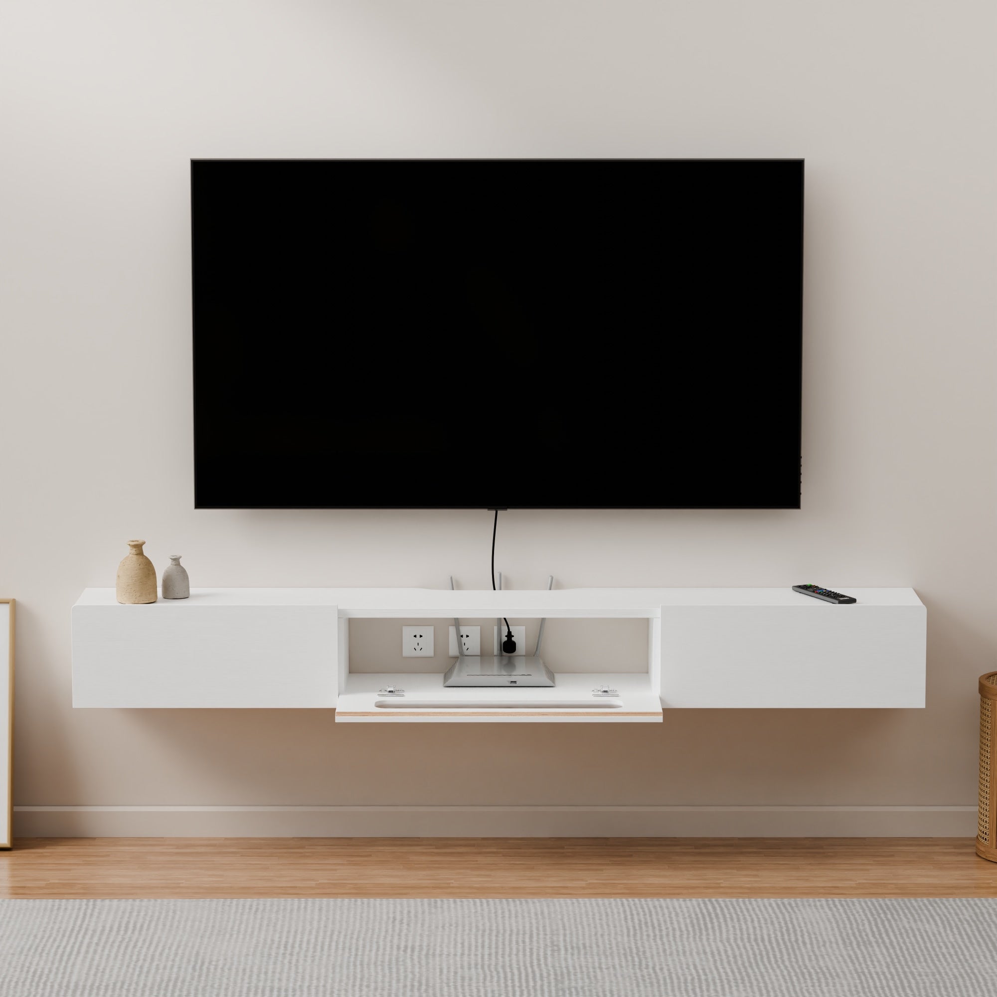 White Plywood Floating Media Console for 50-60 Inch TV, Low Profile Mid Century Modern TV Stand for Bedroom with LED Lights and Drawers