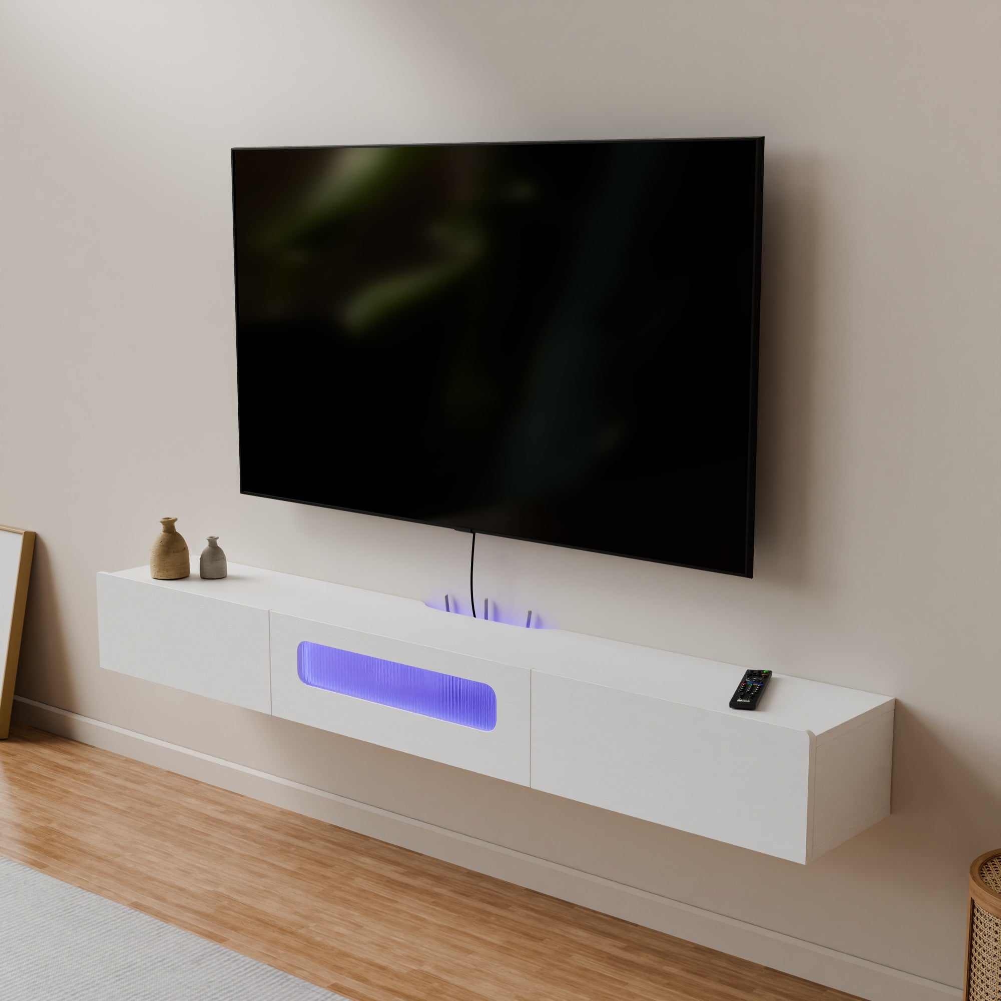 5ft Wood Floating Media Shelf with Led Lights and Drawer Storage and Cable Management to Hide Wires and Cord, 62.99"W x 10.04"D x 7.64"H