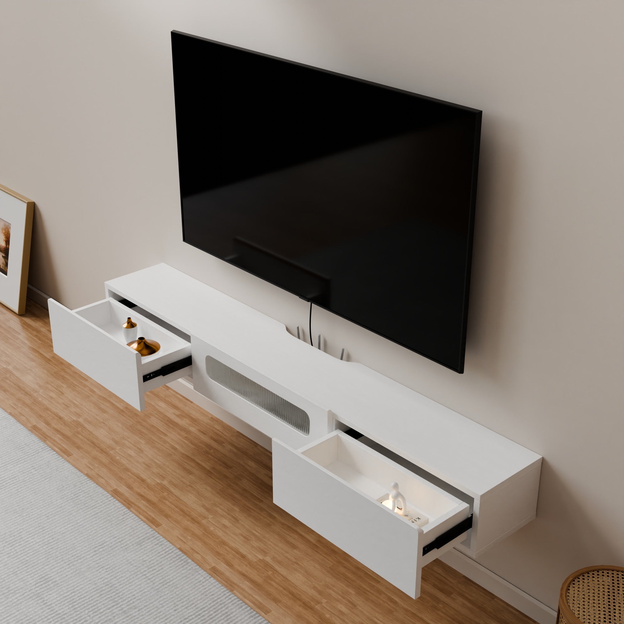 White Floating TV Shelf for 50-65 Inch Wall Mounted Flat Screen with LED Lights and Drawers, Light Wood TV Stand for Living Room, Office, Hotel