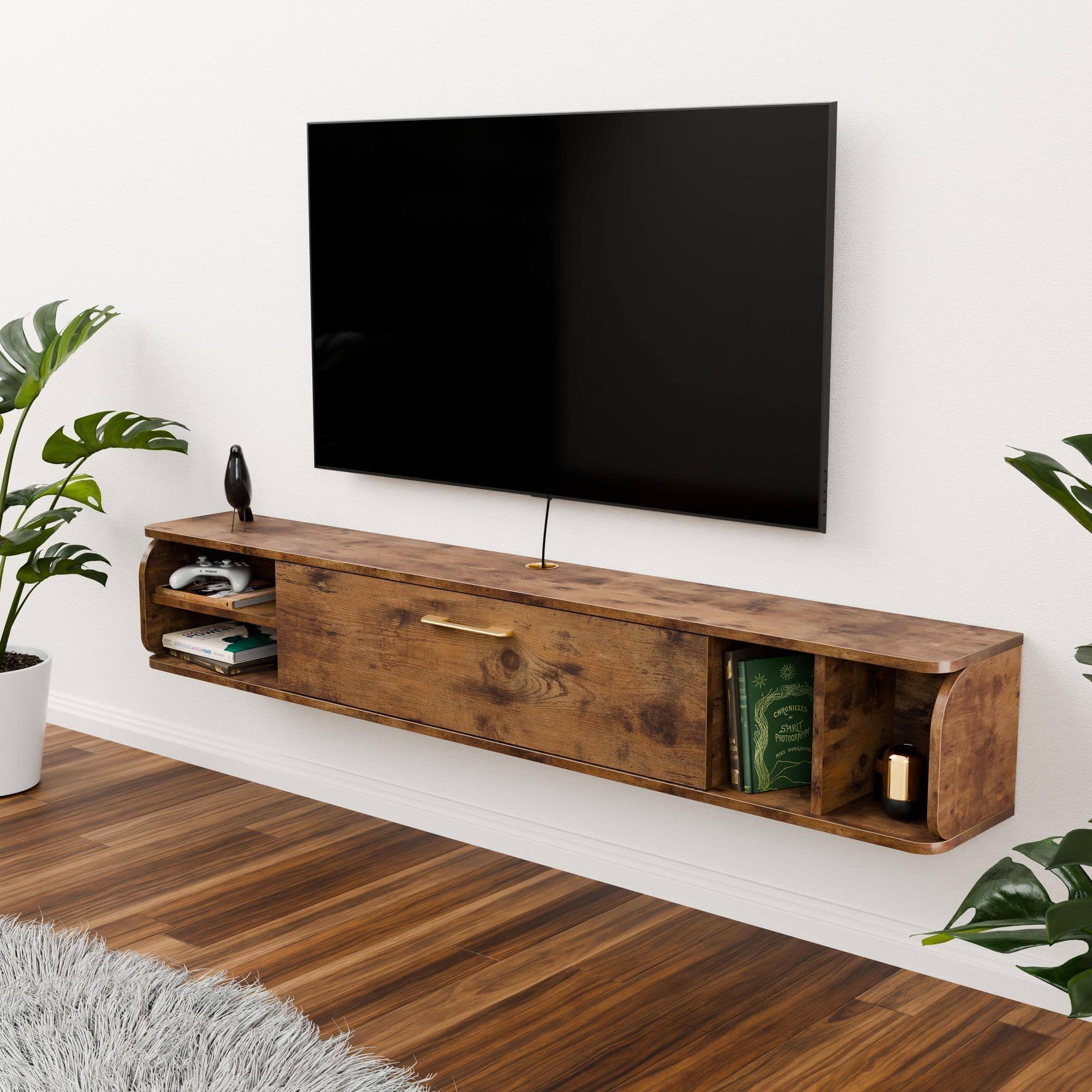 9.33” Deep Narrow Floating Entertainment Center for 55” 60” TVs, Low Profile TV Stand, Rustic Brown, 58"W x 9.33"D x 10.55"H