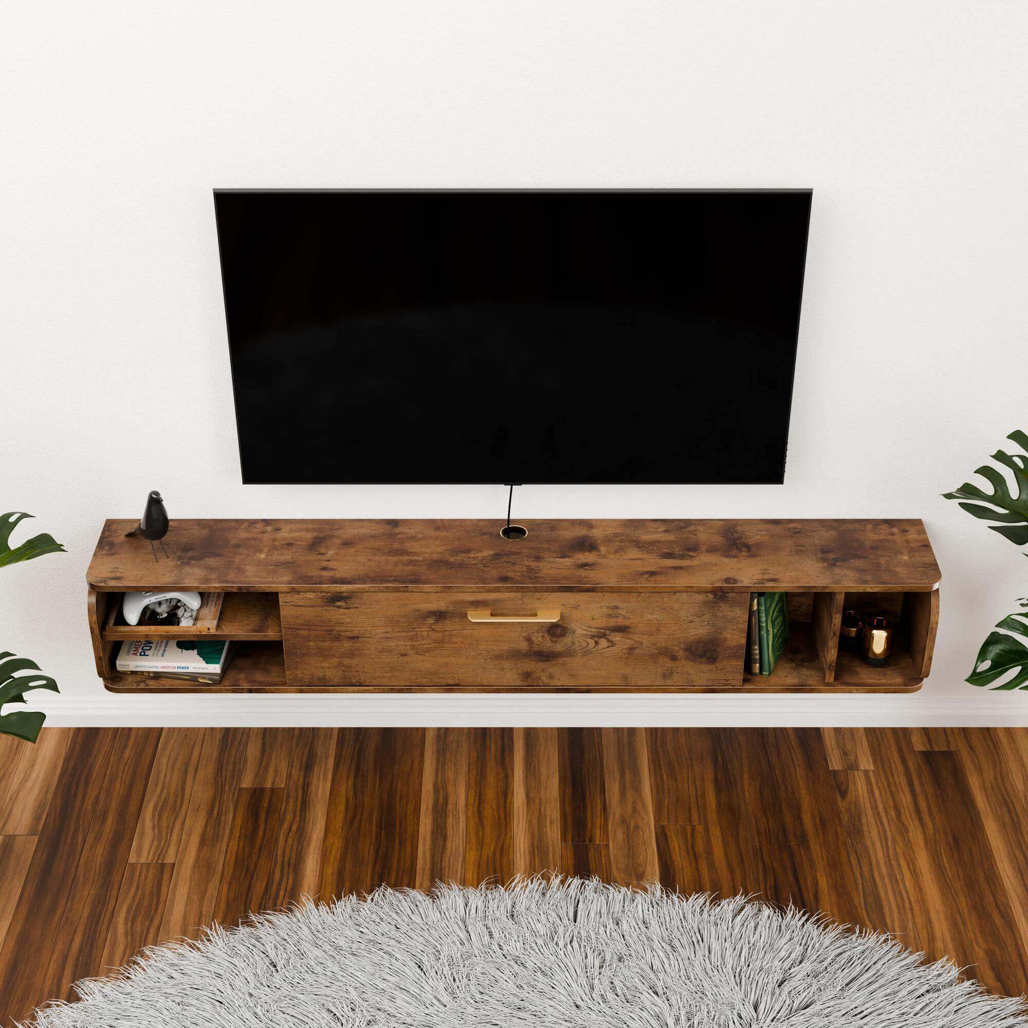 5 ft Farmhouse Wall Mounted Entertainment Unit, Mid-century Floating TV Track for 55” 60” TVs, Dark Brown, 58"W x 9.33"D x 10.55"H