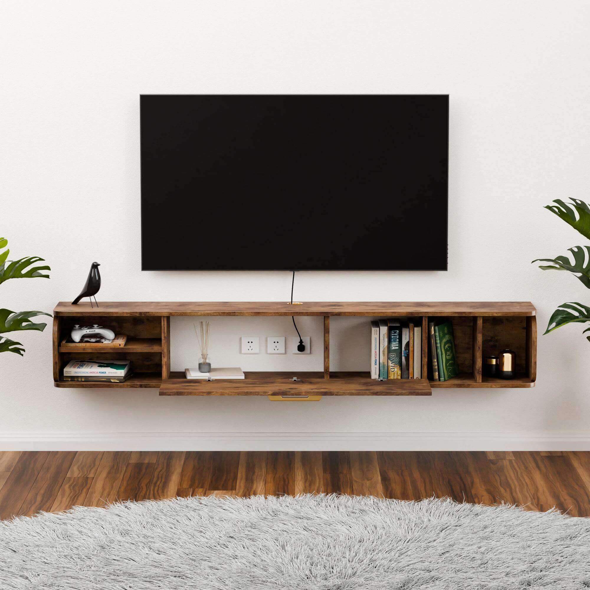 9.33” Slim Floating TV Shelf for 70” 75” TVs, Space Saving TV Stand for Small Living Room, Bedroom, 67"W x 9.33"D x 10.55"H