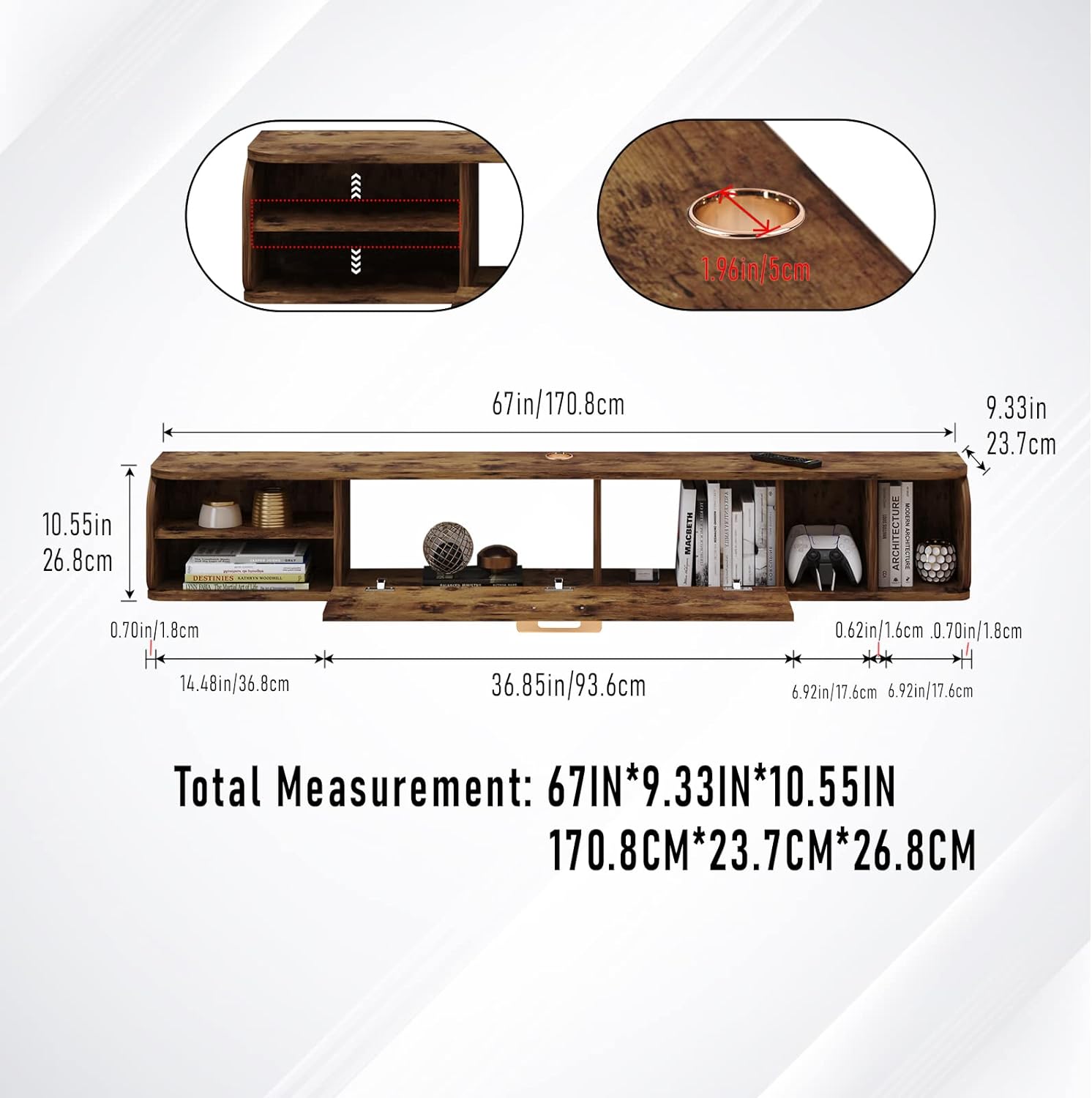 Country Style Floating Media Shelf Under 70” 75” TV with Storage for Cable Box, Game Consoles, DVD Player, Sound Bar, AV Receivers, Rustic Brown