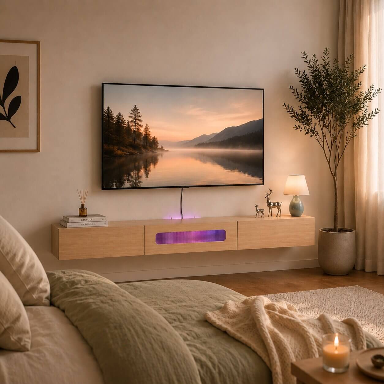 70" Purello Floating TV Stand, Light Oak