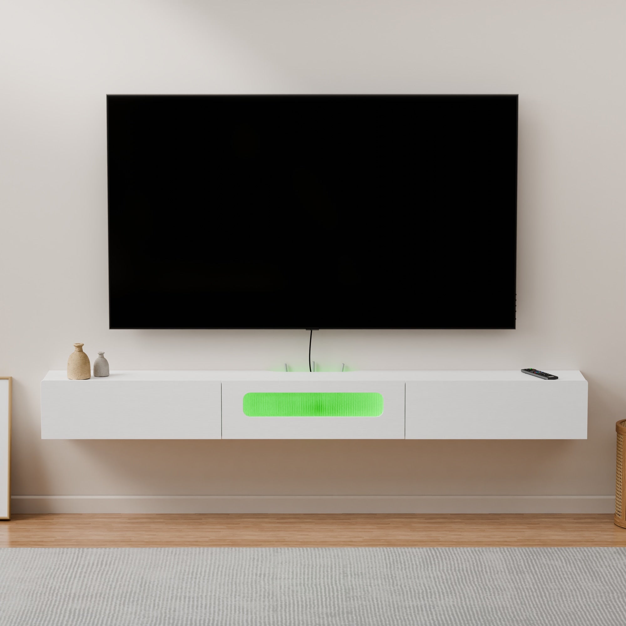 White Floating Entertainment Center With LED Lights and Drawers for 75” 80" TV, Light up Contemporary TV Stand for Large TV