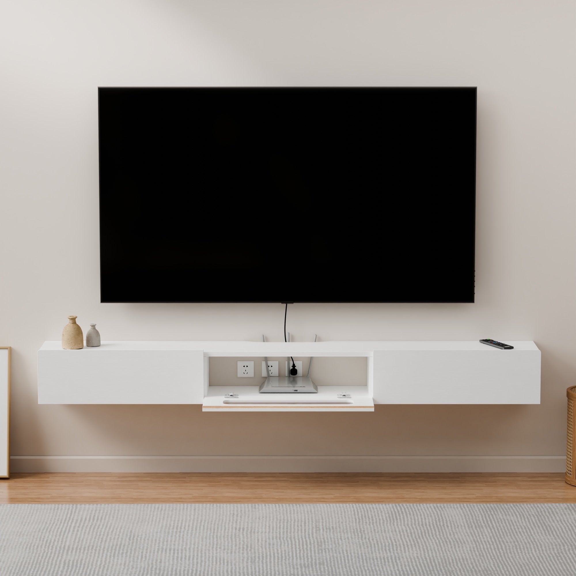 Floativa Purello custom floating tv cabinet with LED lights drawers glass door #color_white