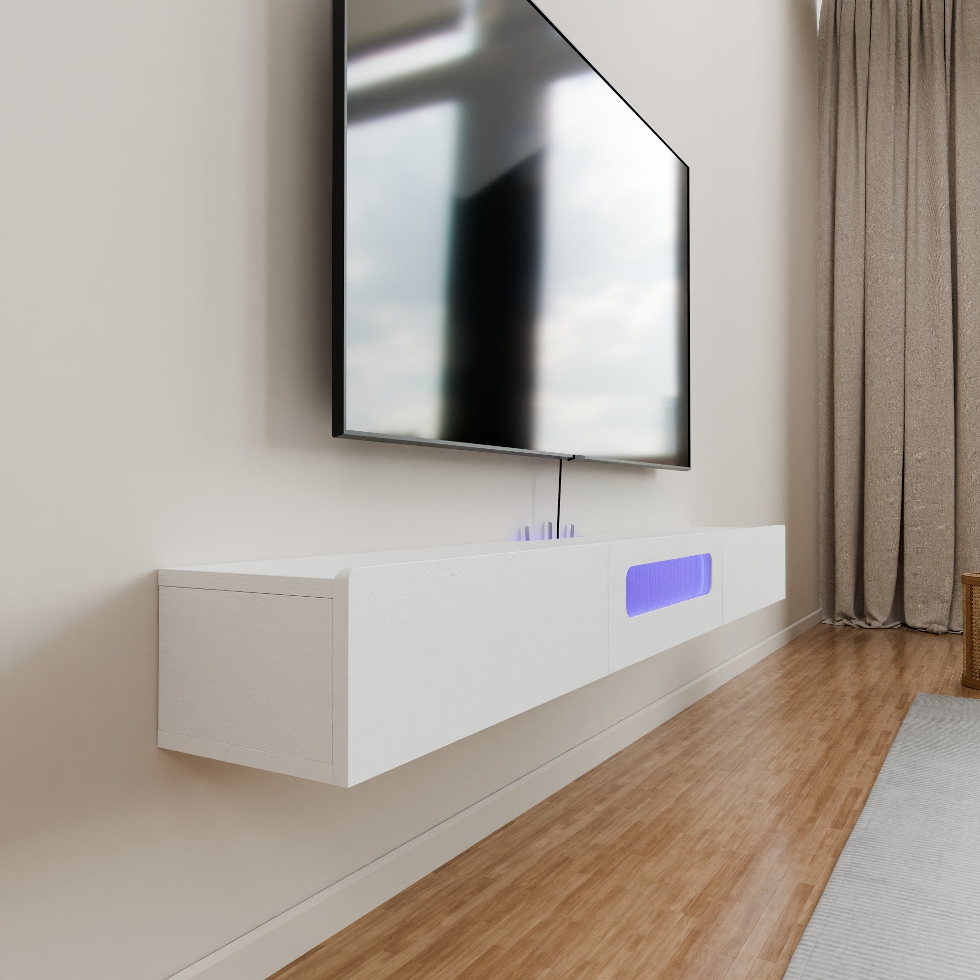 Floativa Purello custom floating media console shelf with LED lights drawers glass door #color_white
