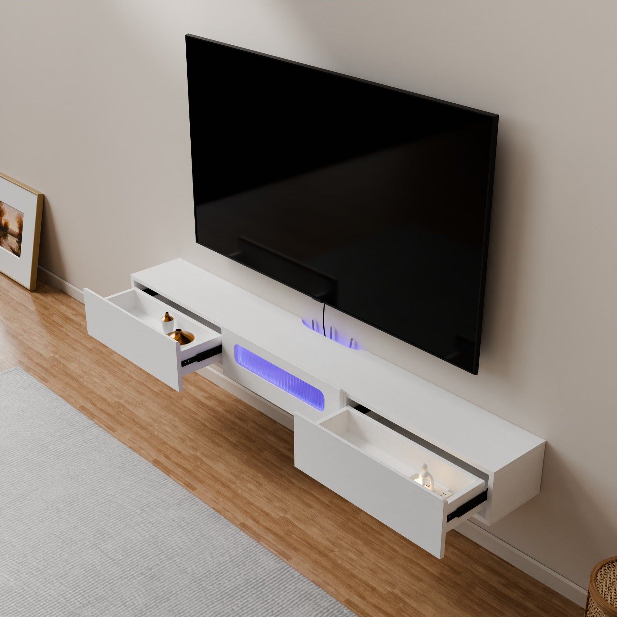 Floativa Purello custom floating shelf for AV receiver soundbar game console cable box with LED lights drawers glass door #color_white