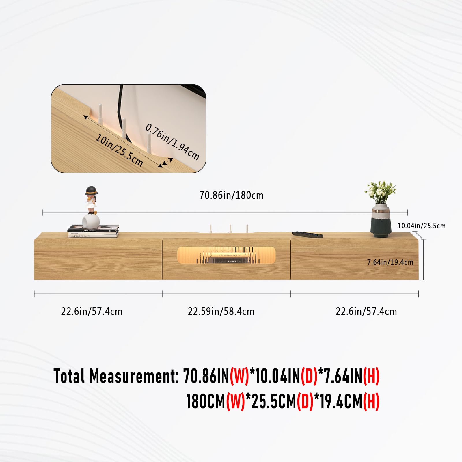 78.74" Long Under TV Wall Shelf with LED Lights and Media Storage for Cable Box, Game Consoles, DVD Player, Sound Bar, AV Receivers