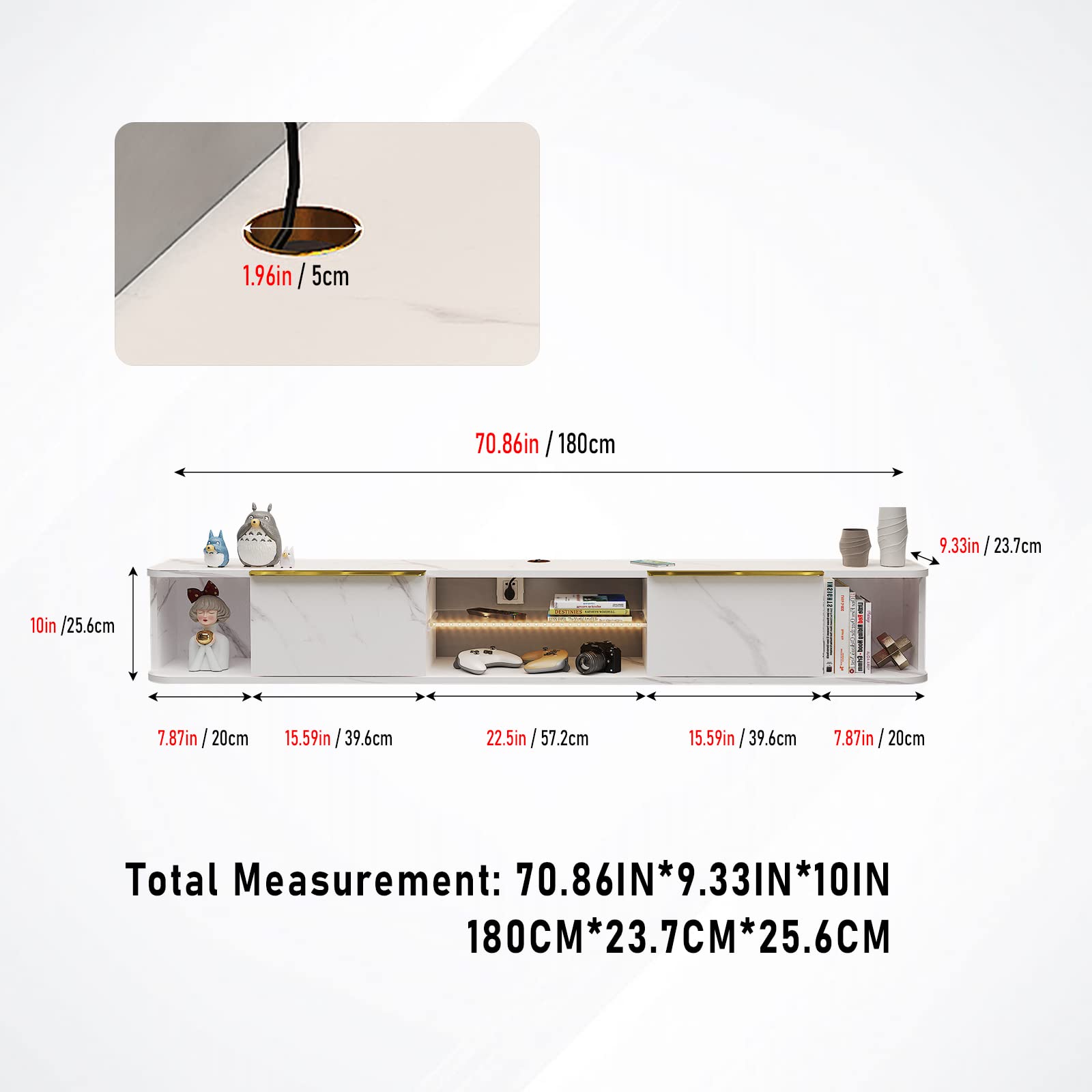70" Arrangio LED Floating TV Stand, Marble White