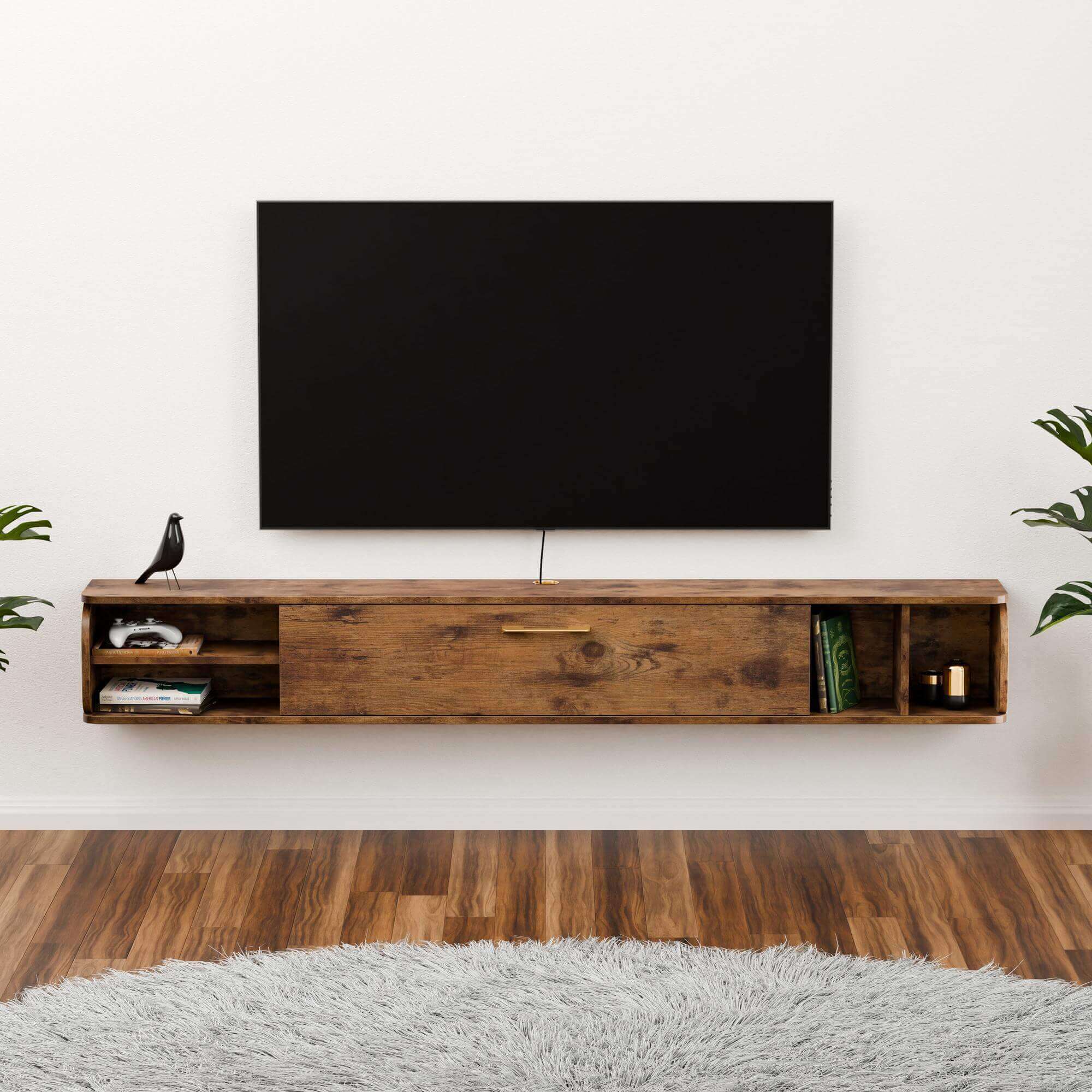 9.33” Deep Slim Floating Media Console for 80” 85” TVs, Minimalist Wall Hanging TV Stand for Large TVs, Dark Brown
