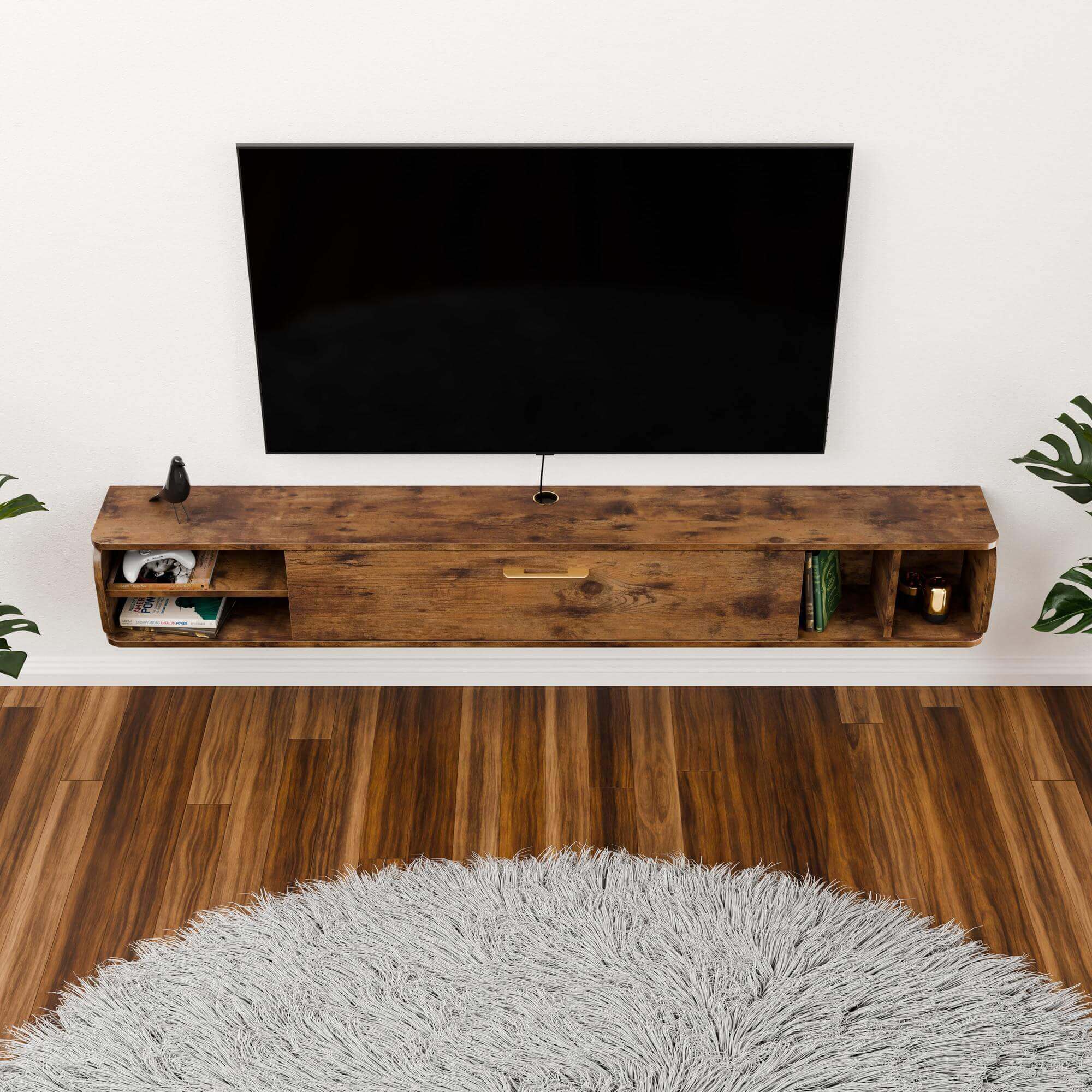 9.33” Narrow Space Saving Floating wall Shelf for 80” 85” TV, Small Living Room Entertainment Unit with Door Storage, Dark Brown