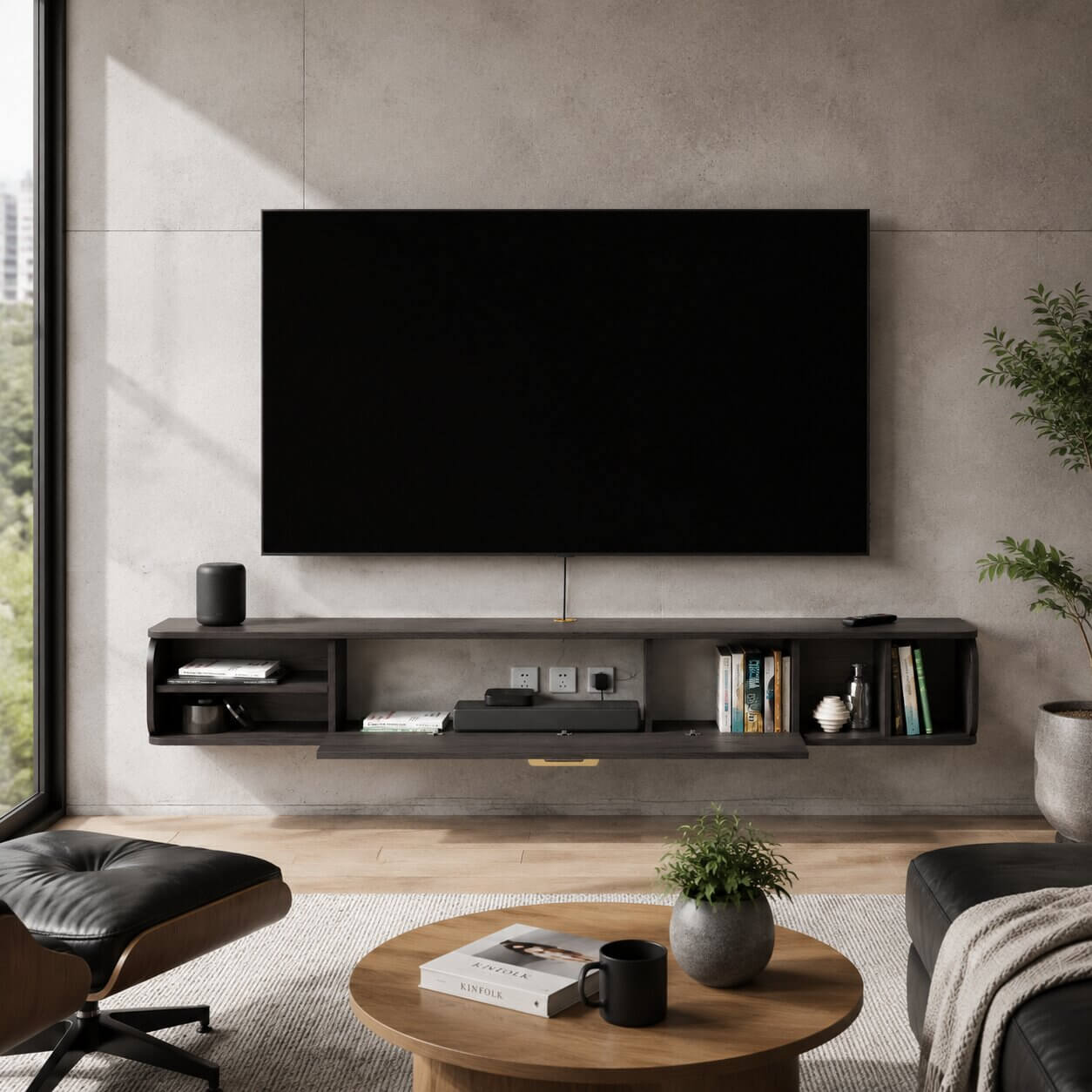 76" Prima Floating TV Stand, Rustic Grey