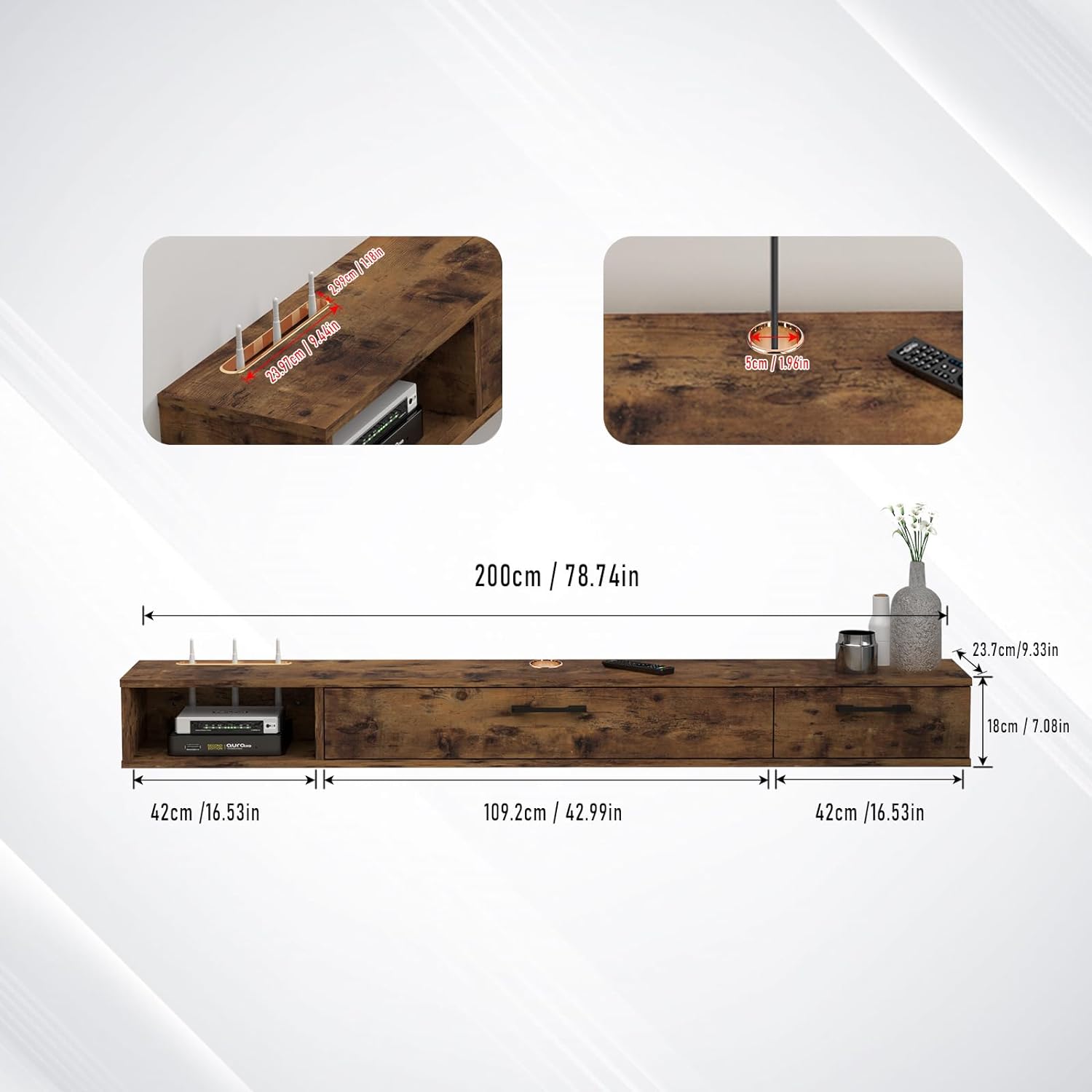78" Rustica Floating TV Stand, Dark Brown