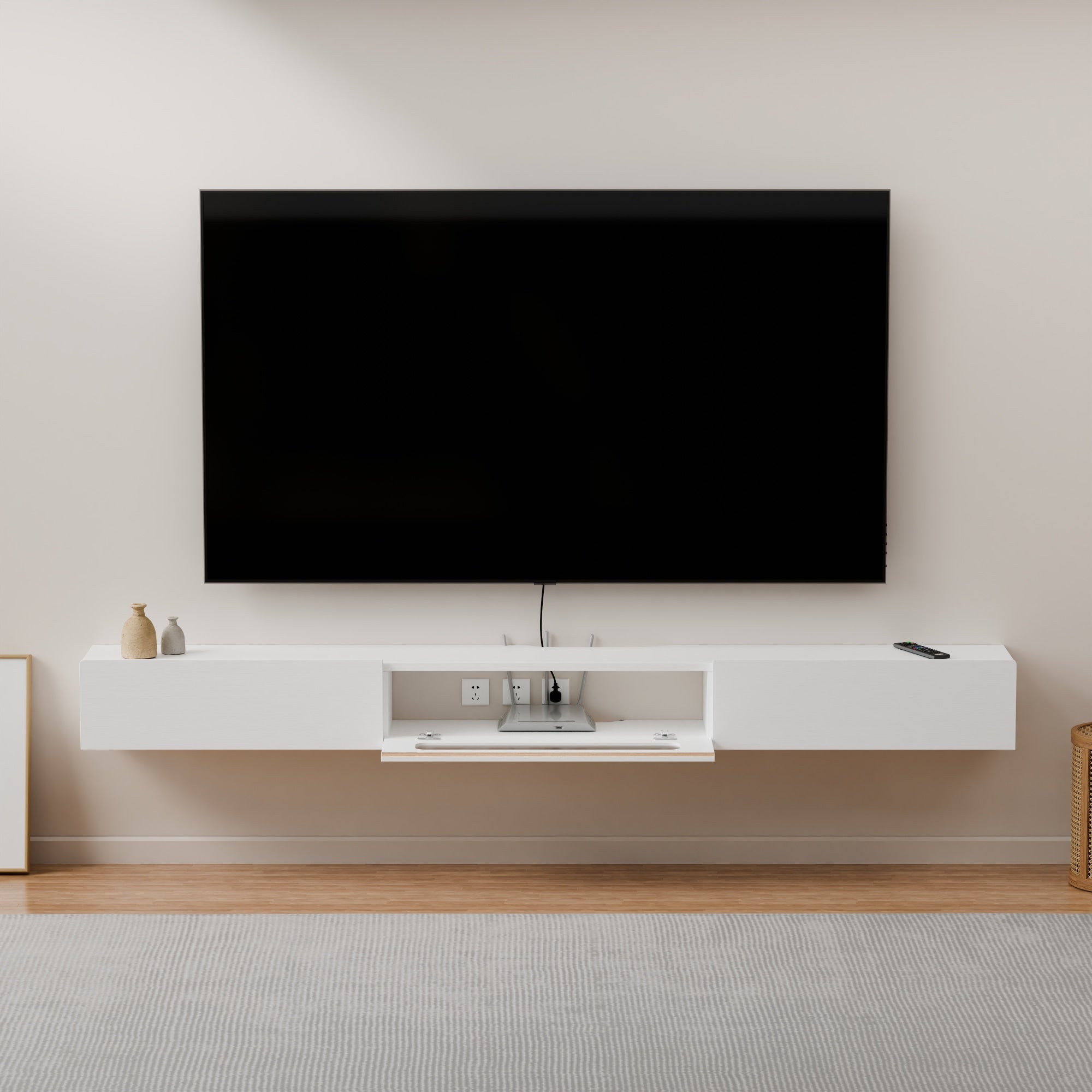 White Plywood Floating TV Cabinet with LED Lights and Drawers for 85” TV, Wall Hanging Minimalist Slim TV Stand