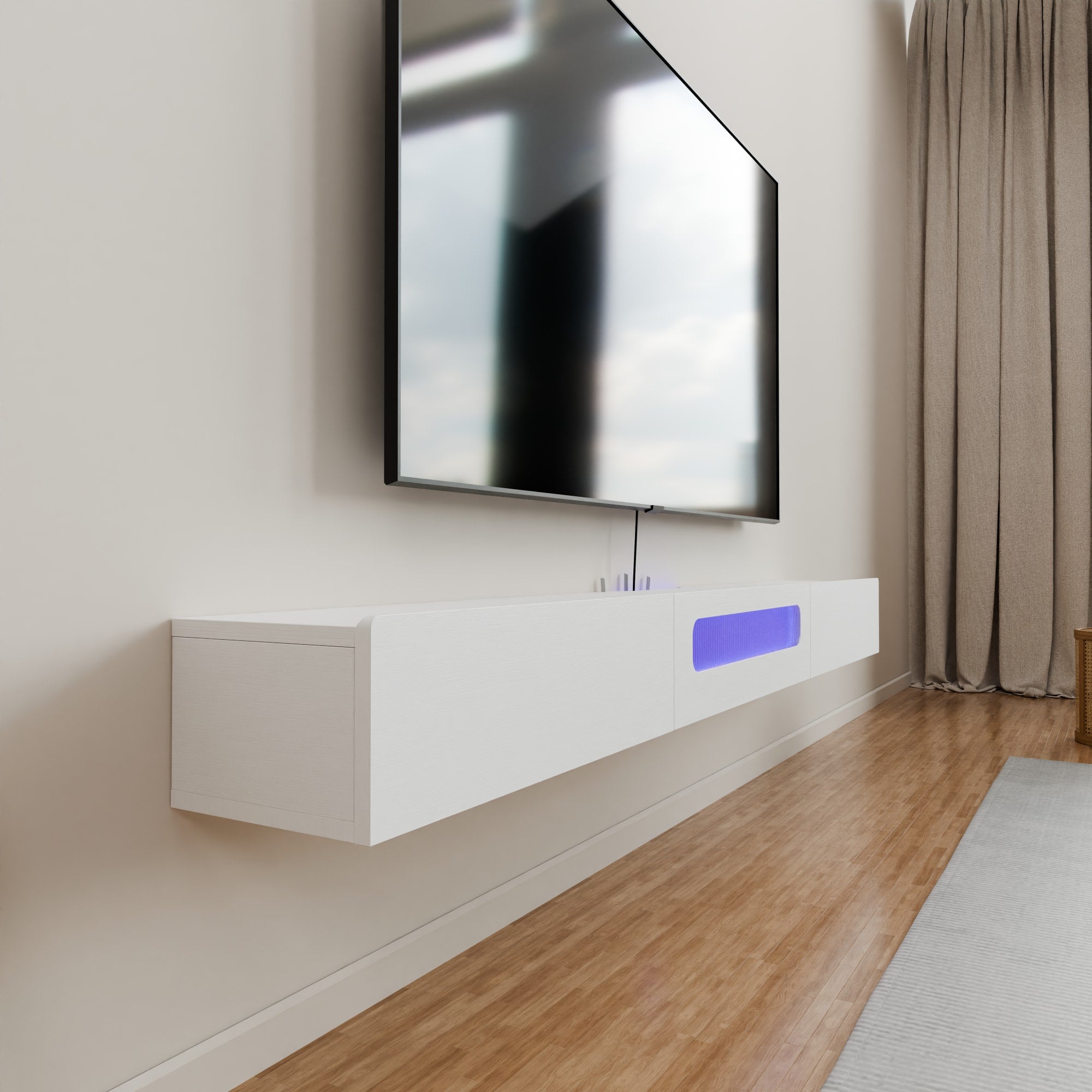 6.5ft Wood Floating Media Shelf with Led Lights and Drawer Storage under Wall Mounted TV, Cable Management to Hide Wires and Cord