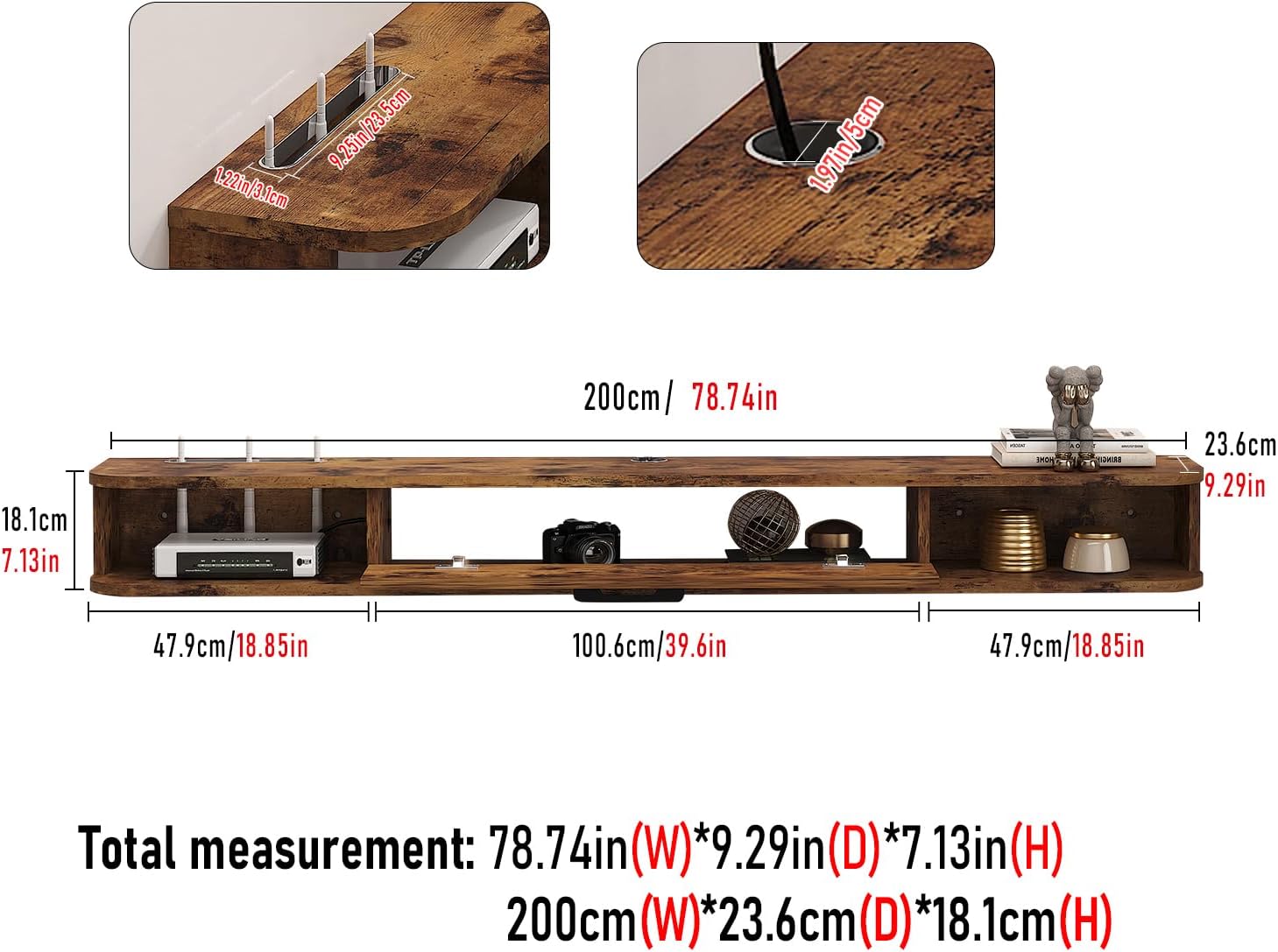 78.74" Pureza Rustic Brown Floating TV Stand