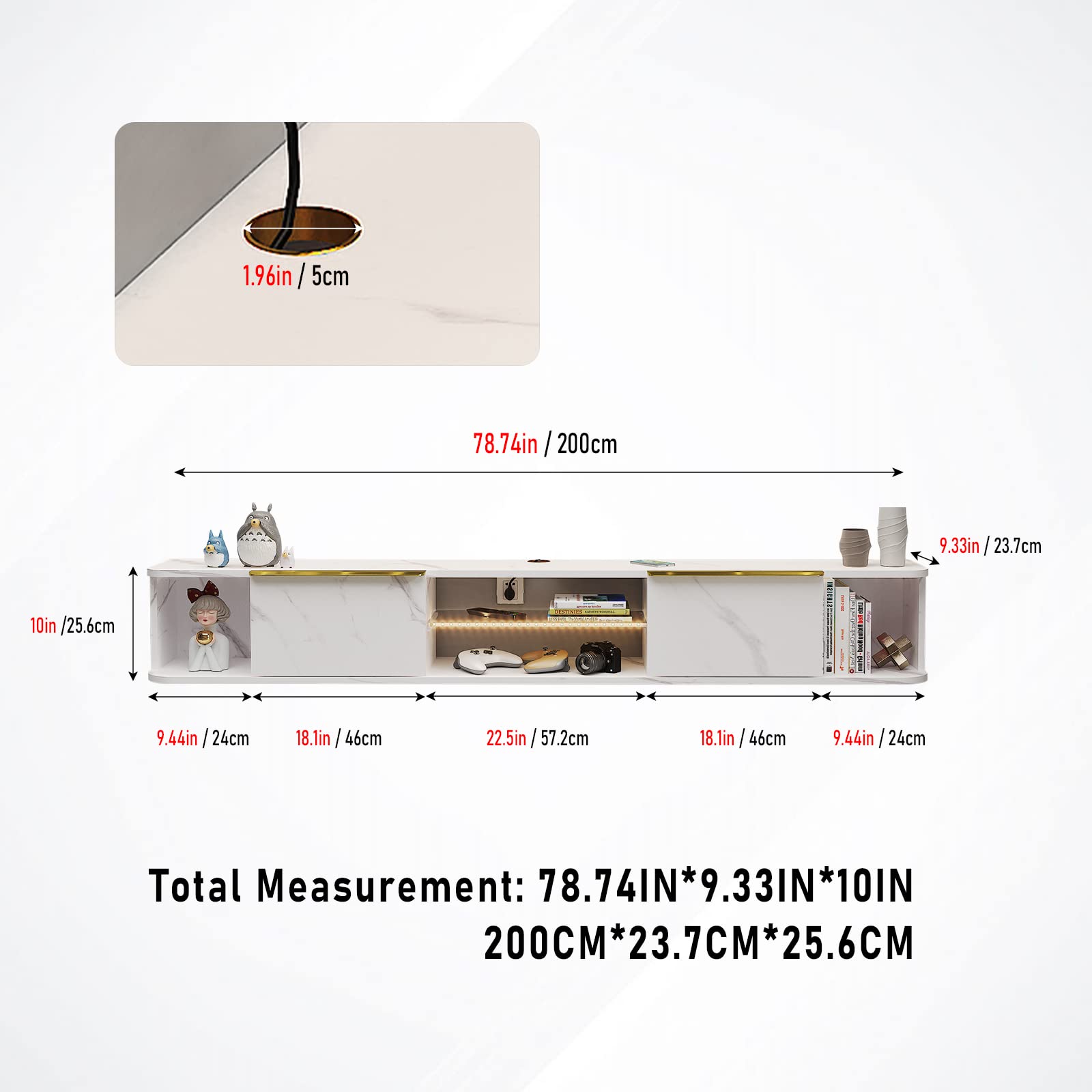 78" Arrangio LED Floating TV Stand, Marble White