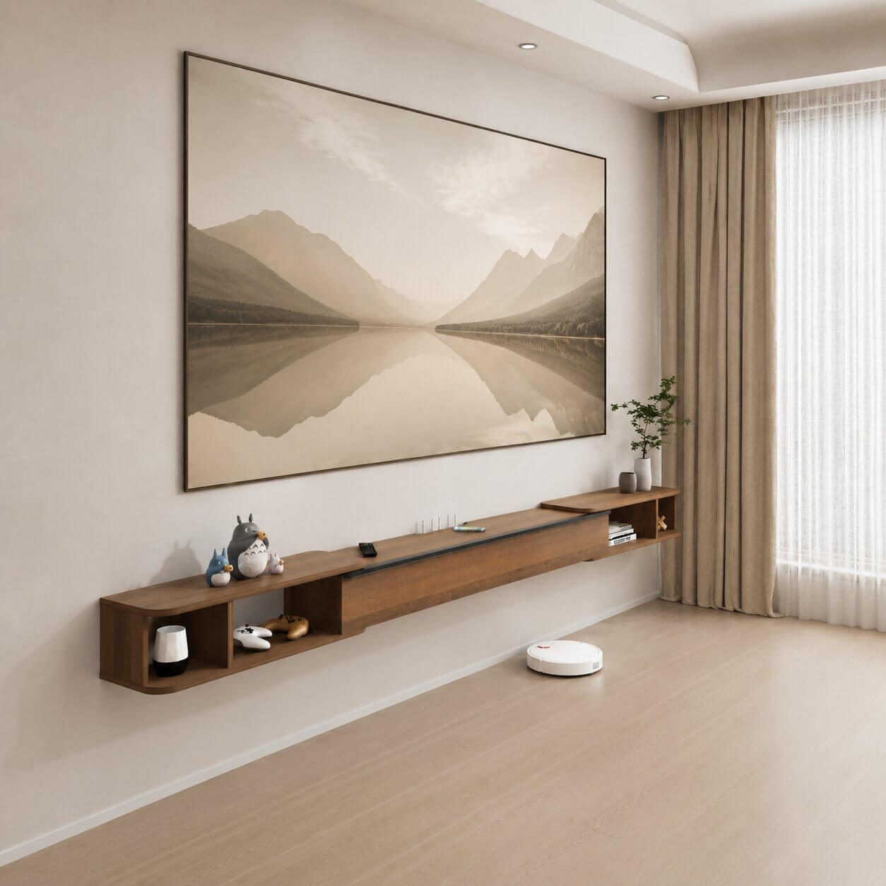 87"- 122" Retractable Floating TV Stand, Walnut (Backorder)
