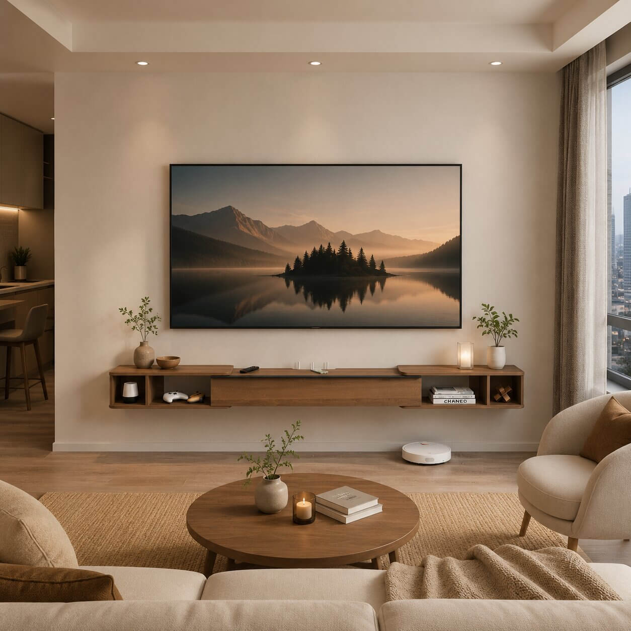 87"- 122" Retractable Floating TV Stand, Walnut (Backorder)