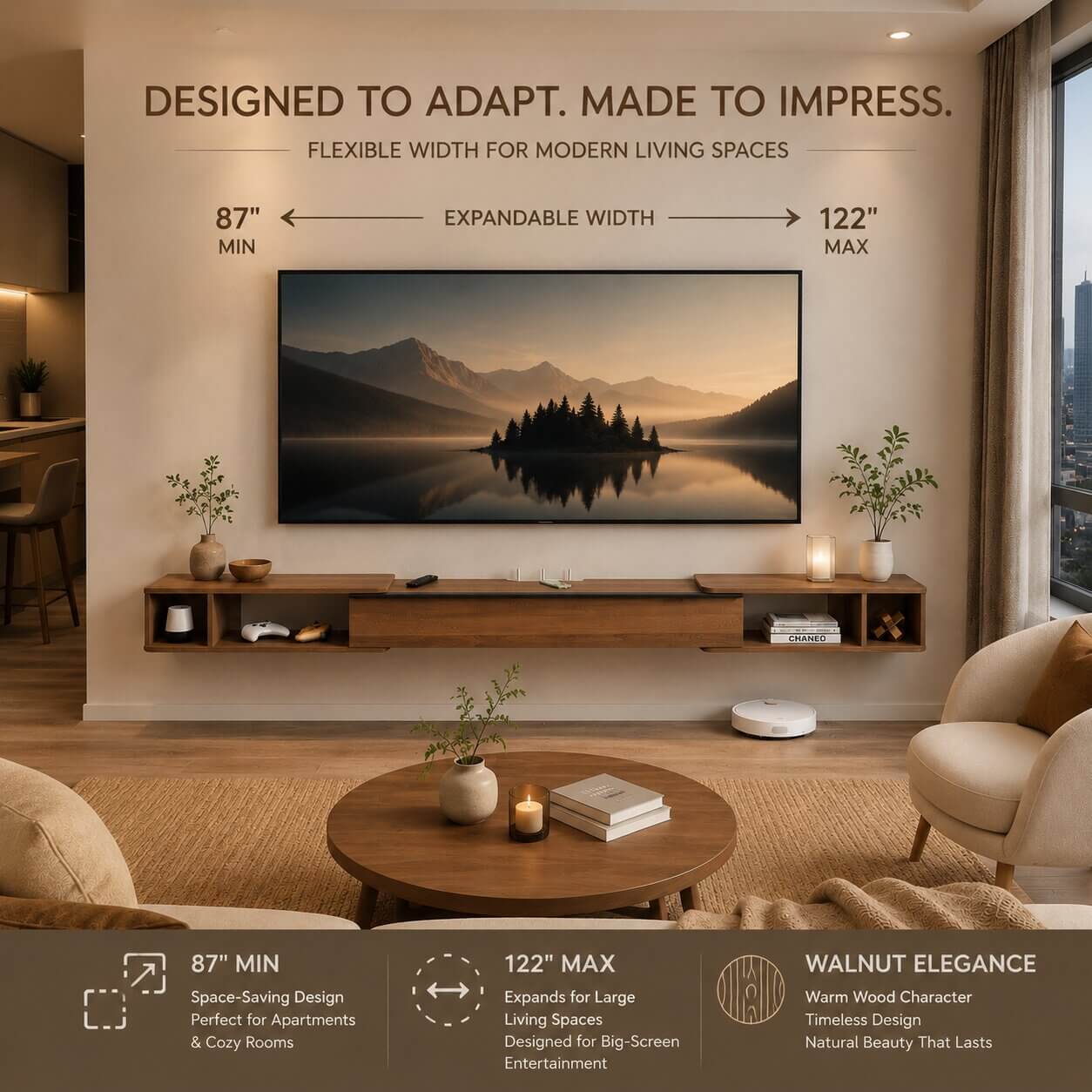 87"- 122" Retractable Floating TV Stand, Walnut (Backorder)