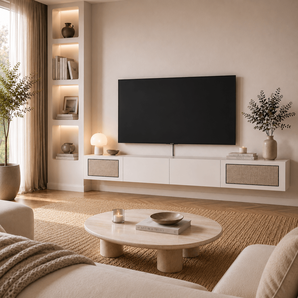 Natura 94.48" Woven Panel Drawer Floating TV Stand, White