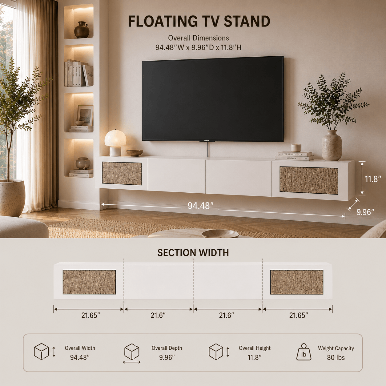 Natura 94.48" Woven Panel Drawer Floating TV Stand, White
