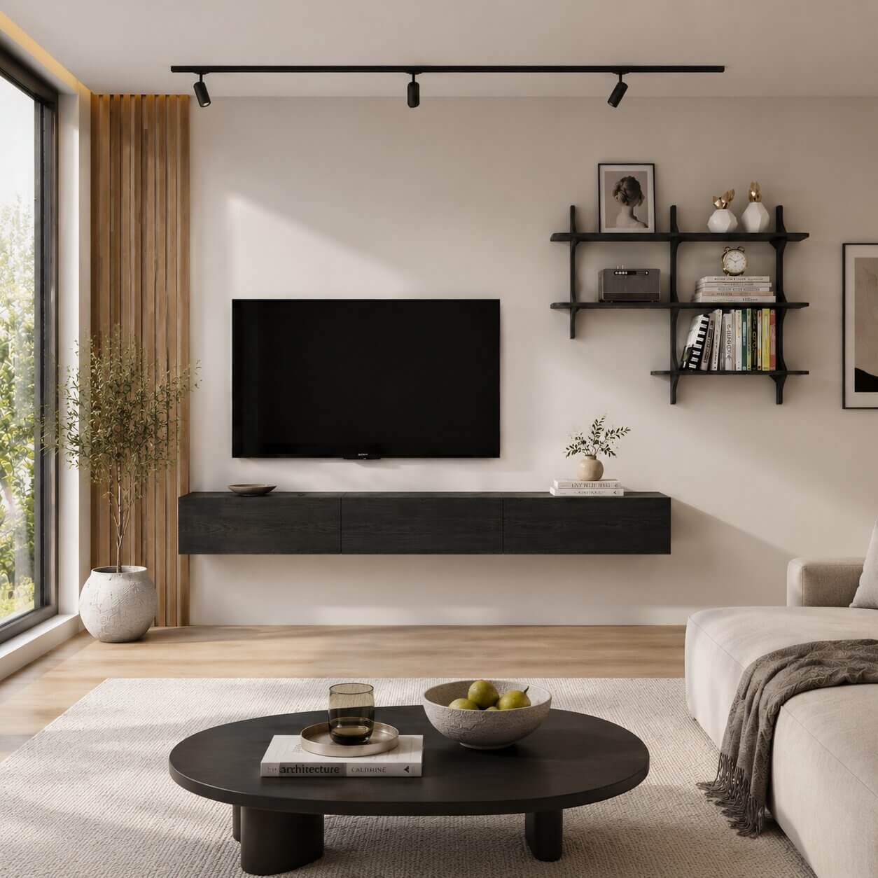 Linea 94.48" Floating TV Console & Shelf Set, Black