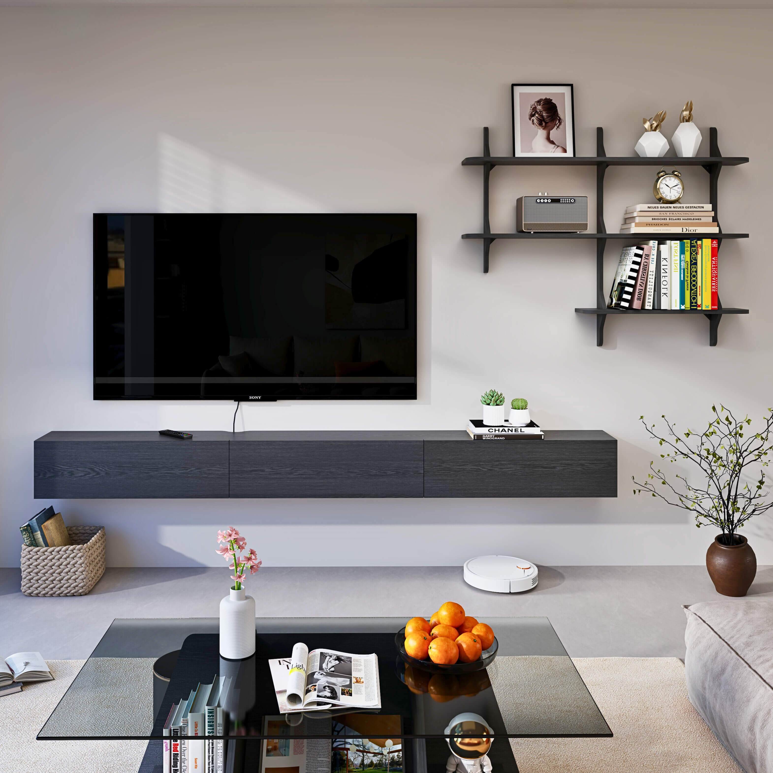 Linea 94.48" Floating TV Console & Shelf Set, Black
