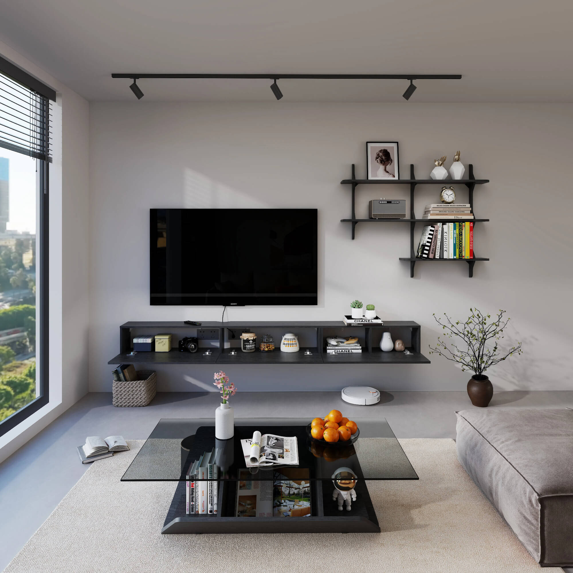 Linea 94.48" Floating TV Console & Shelf Set, Black
